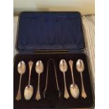 Boxed silver spoons and sugar tongs, James Deakin