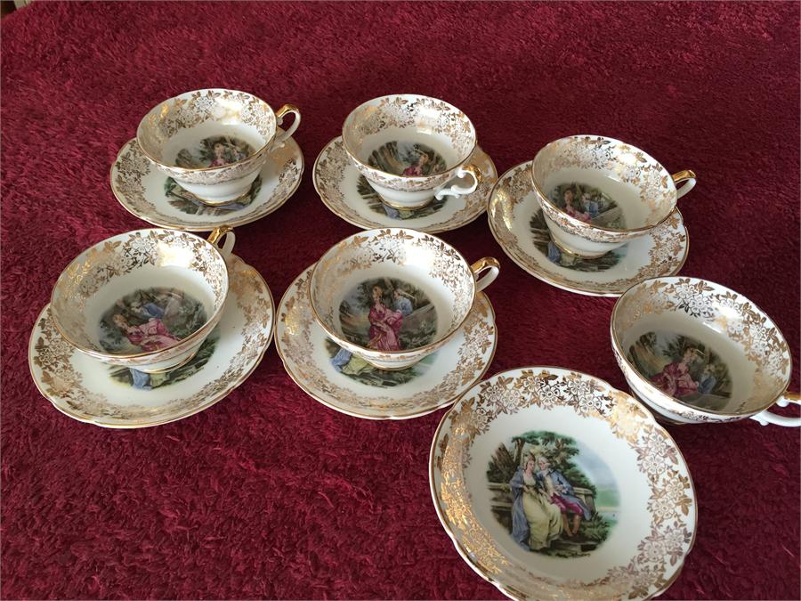 6 Couple scene gilded cups and saucers by Stanley - Image 2 of 4