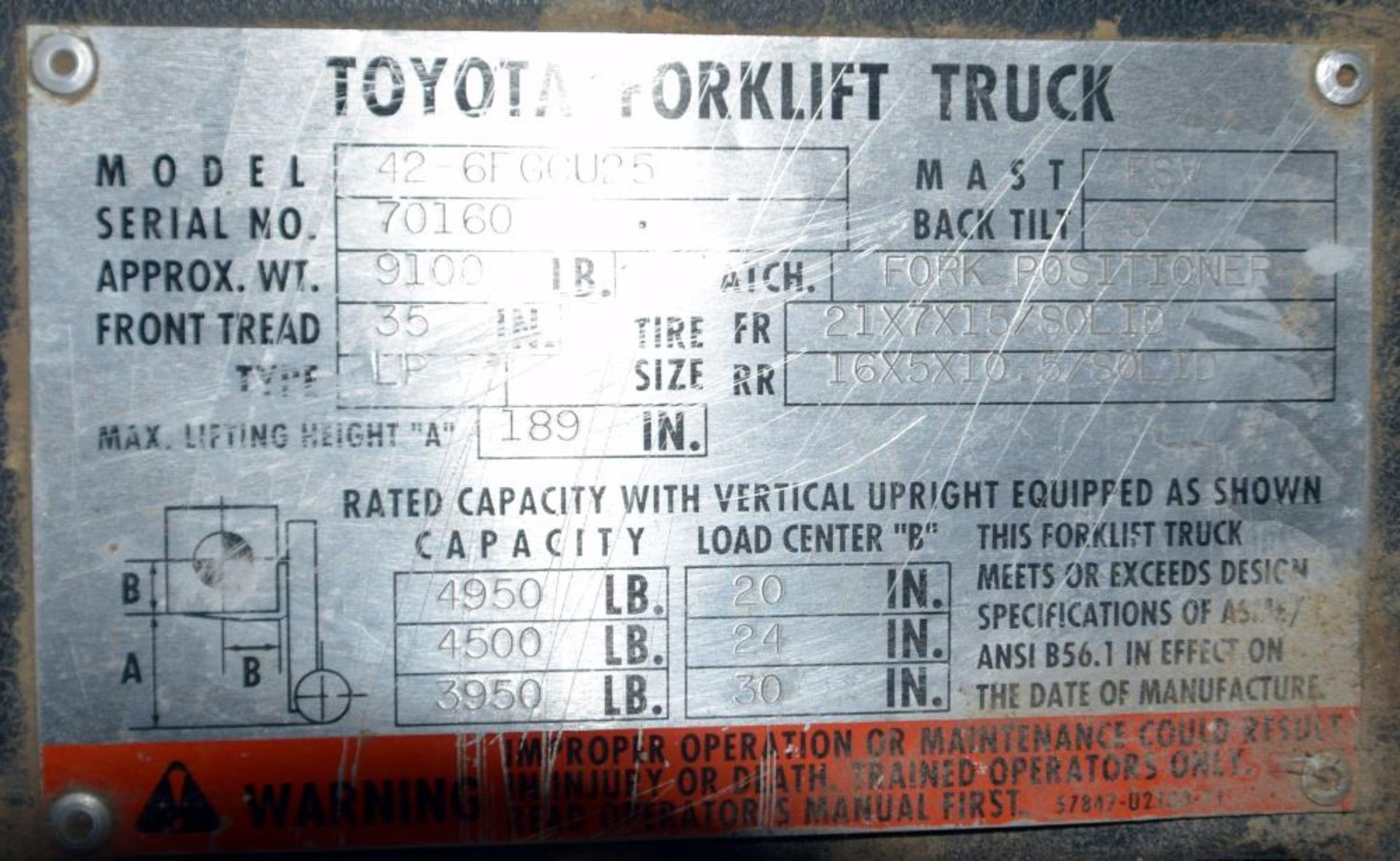 Toyota LPG Forklift, Model 42-6FGCU25. Three stage mast, 5000 pound base capacity. Serial# 70160. - Bild 4 aus 4