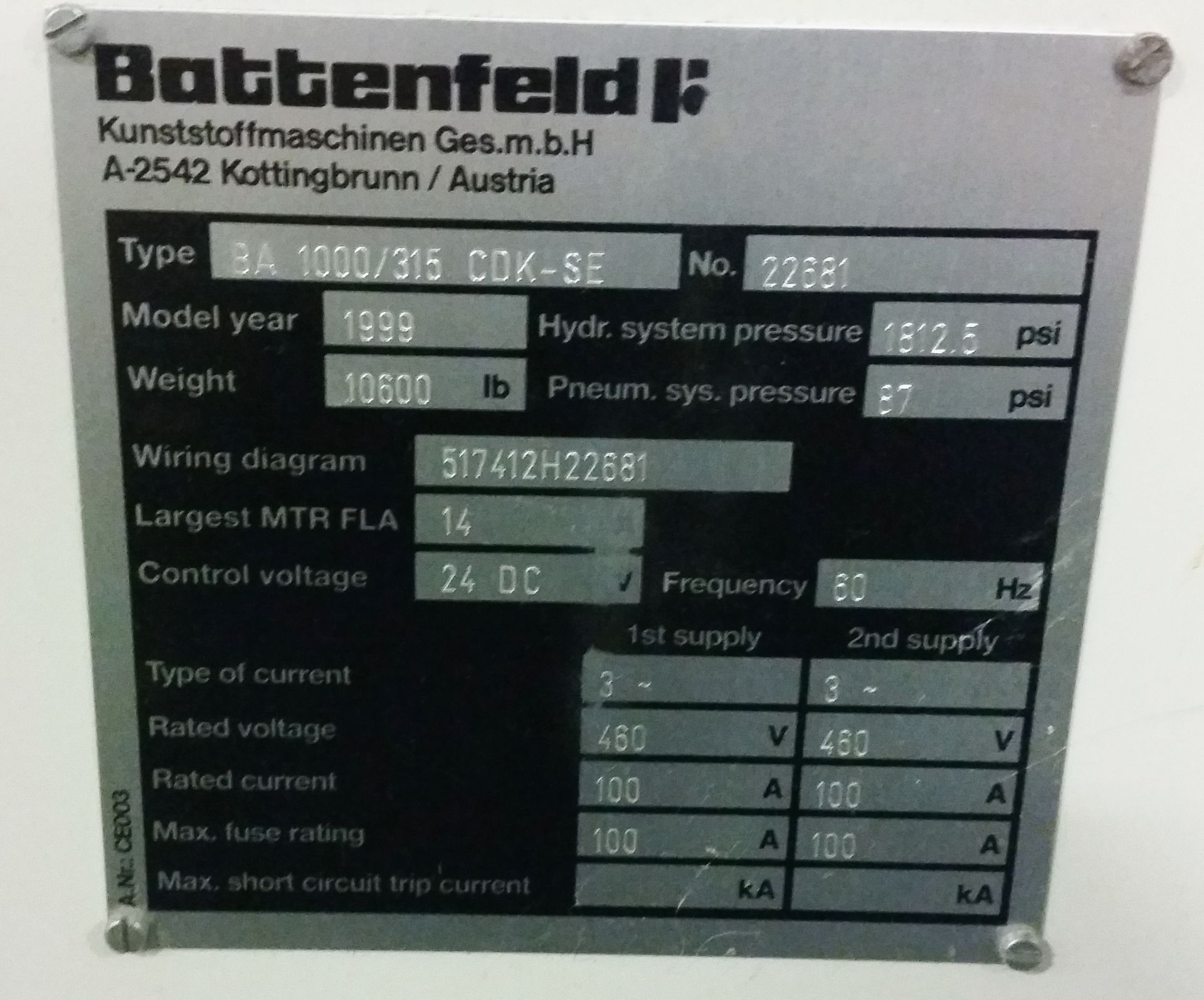 110 Ton, 4.94 oz. BATTENFELD Electric Injection Molding Machine | Model: BA1000/315 CDK-SE (Teflon) - Image 8 of 8