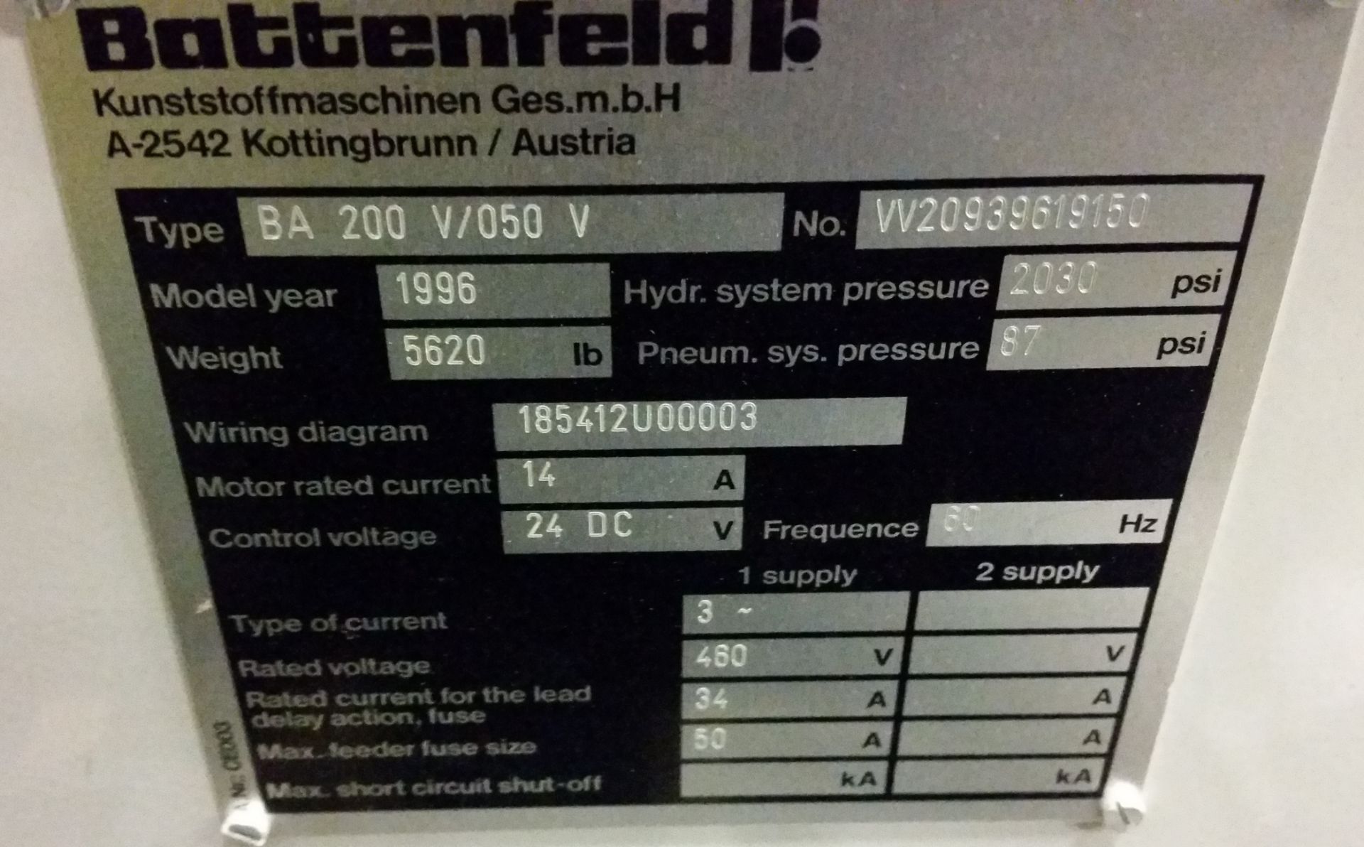 22 Ton, 0.29 oz. BATTENFELD Vertical/Vertical Injection Molding Machine | Model: BA200/50 VV - Image 5 of 5