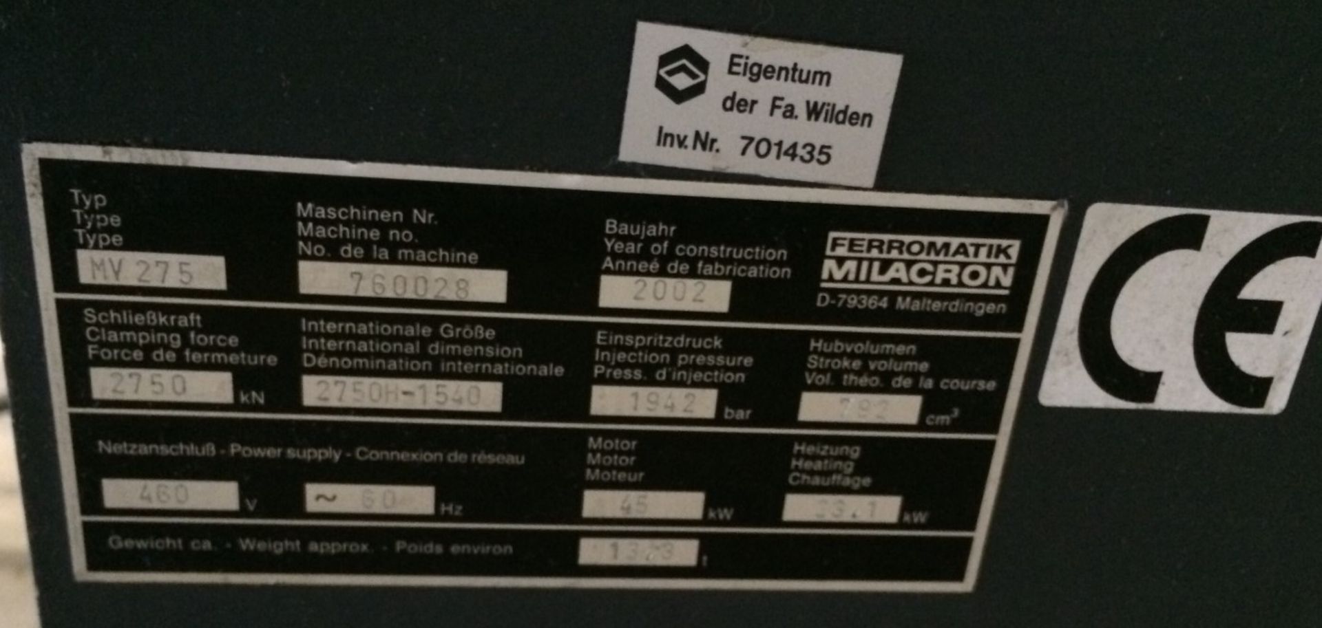 275 Ton, 24 oz. FERROMATIK MILACRON Injection Molding Machine | Model: MV 275-1540 | Year: 2002 - Image 6 of 6