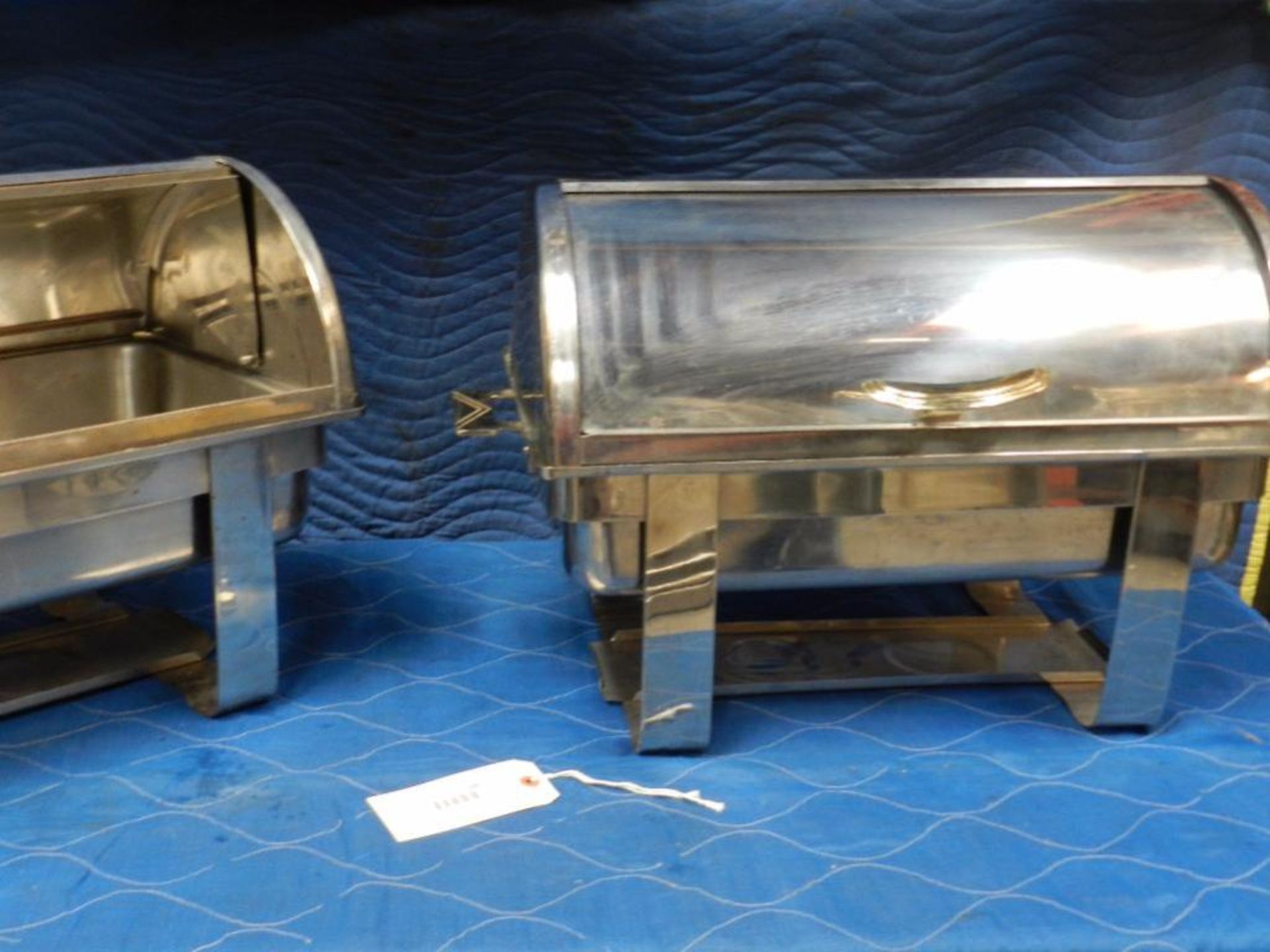 Chafing dish raised base side roll top. votive type burners. seems stainless steel. Qty two. Bid ind - Image 2 of 2