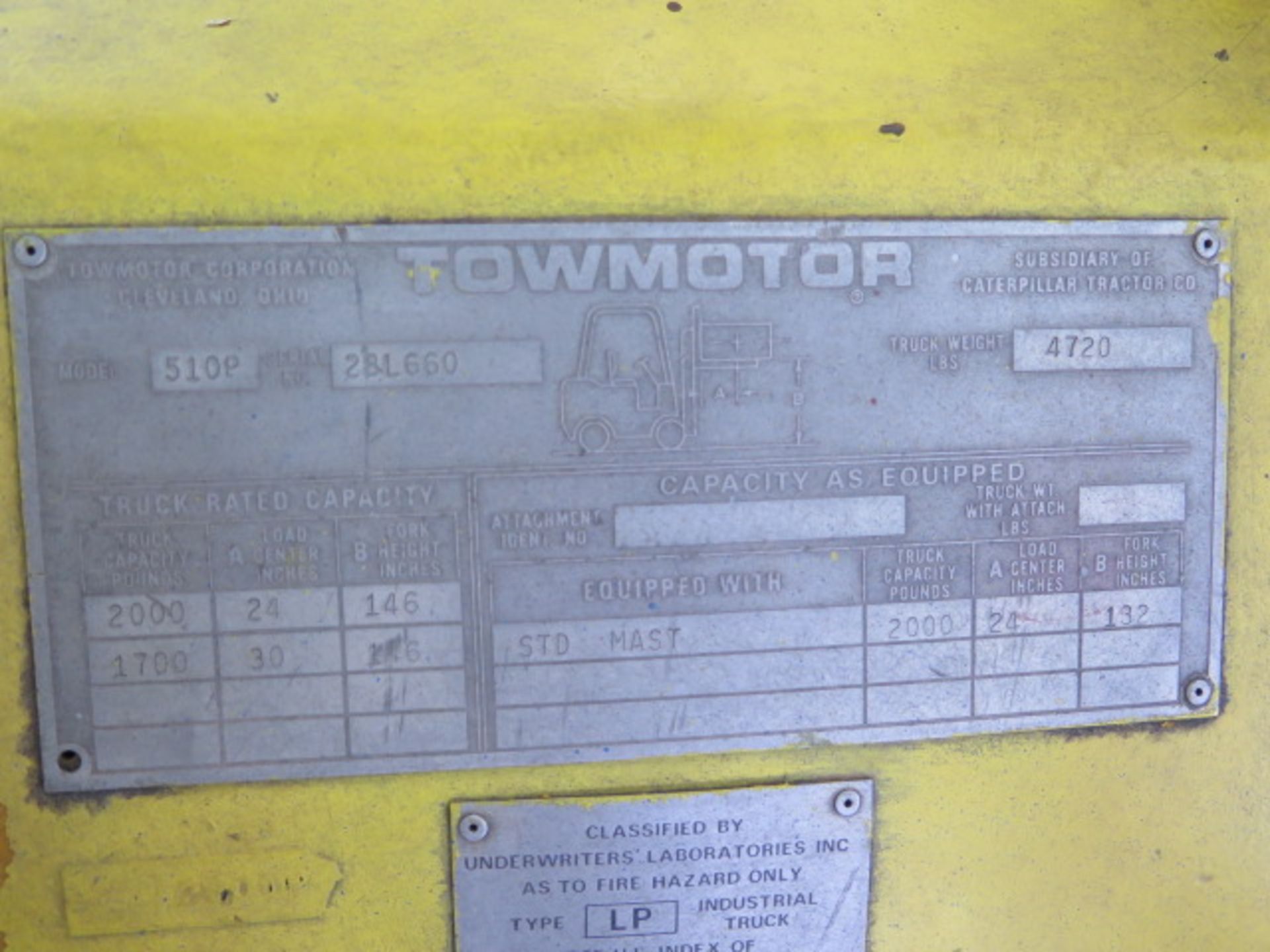 Towmotor mdl. 510P 2000 Lb Cap LPG Forklift s/n 28L660 w/ 2-Stage Mast, 146” Lift Height, Solid - Image 4 of 4
