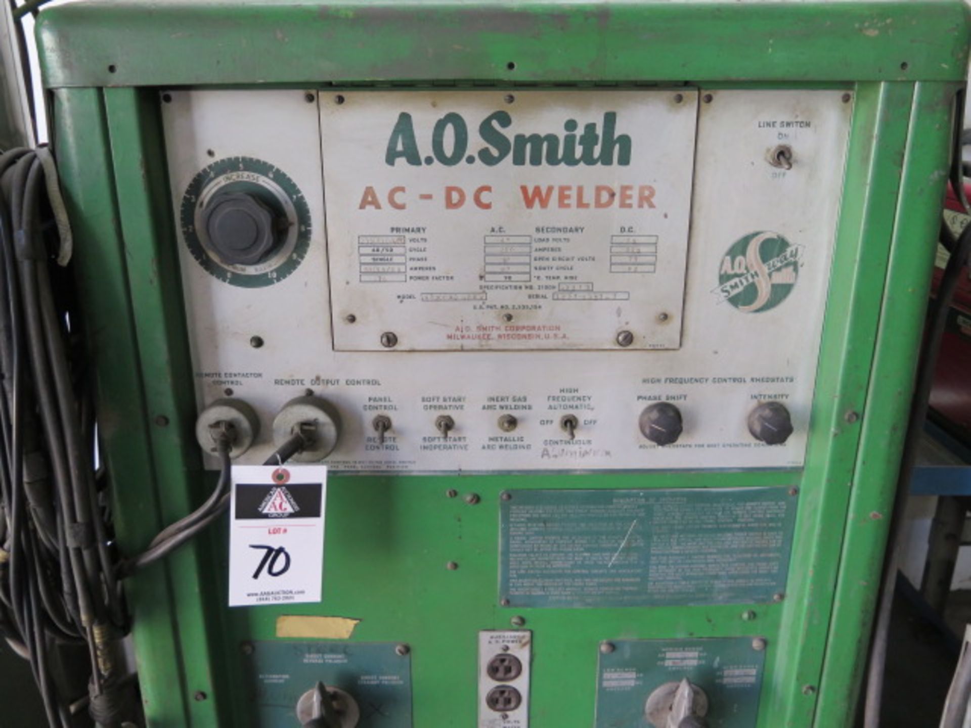 A.O. Smith mdl. A2000AD HFGW 200 Amp AC/DC Arc Welding Power Source s/n 1227-6111-7 - Image 2 of 2