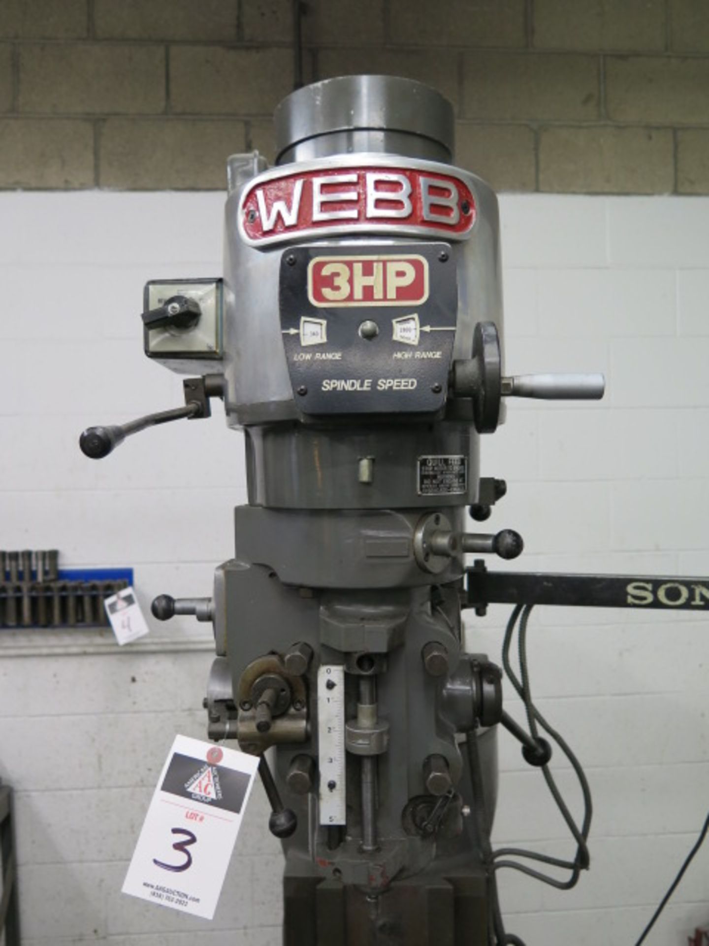 Webb Vertical Mill w/ Sony Millman DRO, 3Hp Motor, 60-4200 Dial Change RPM, Chrome Ways, Power Feed, - Image 3 of 8