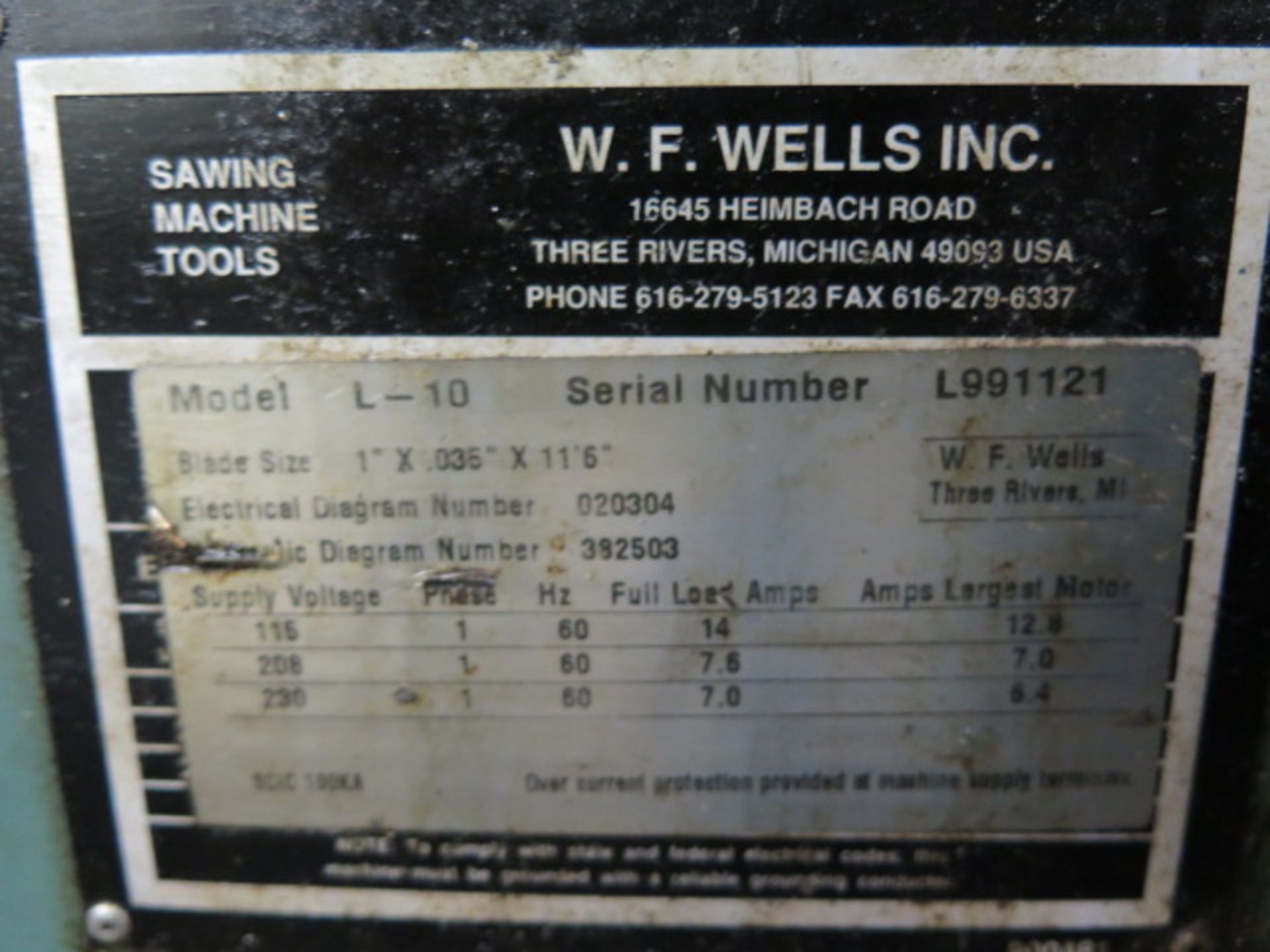 W.F. Wells mdl. L-10 10” Horizontal Band Saw s/n L991121 w/ 100-300 Dial FPM, Manual Clamping, - Image 6 of 6