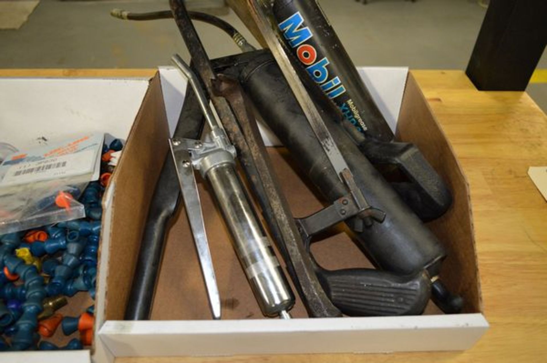 Box of Various Hex Bolts, Coolant Nozzle Attachments, Hand Saws, Grease Guns - Image 4 of 5