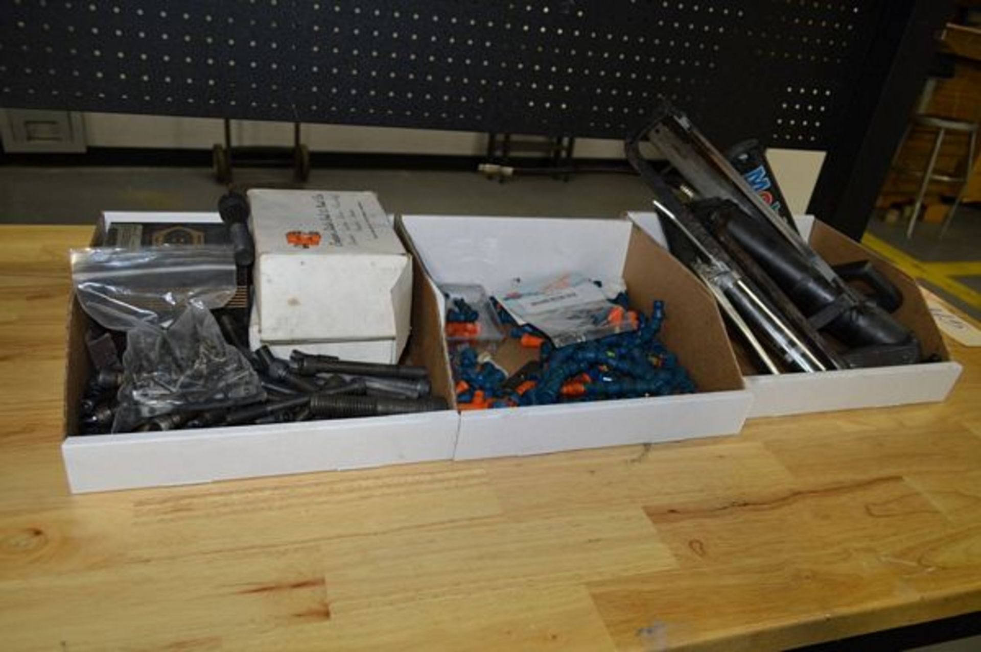 Box of Various Hex Bolts, Coolant Nozzle Attachments, Hand Saws, Grease Guns