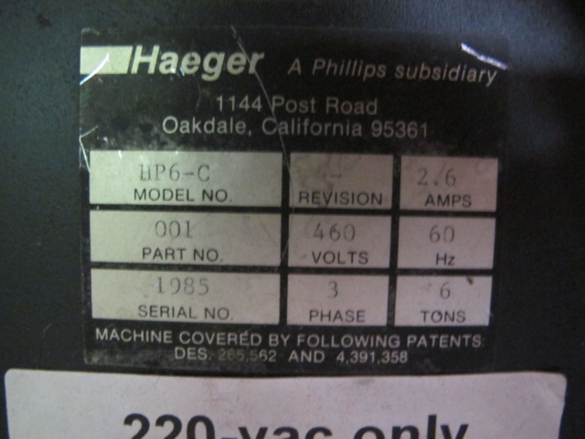 Haeger HP6-C 6 Ton x 18” Hardware Insertion Press s/n 1985 w/ Foot Control, Tooling - Image 5 of 5