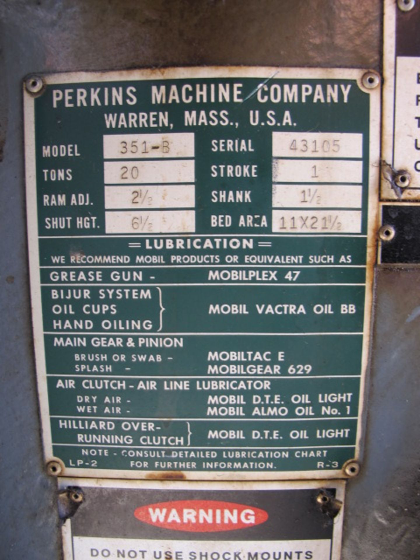 Perkins mdl. 351-B 20 Ton OBI Stamping Press s/n 43105 w/ 1" Stroke, 11" x 21 1/2" Bolster Area - Image 3 of 3