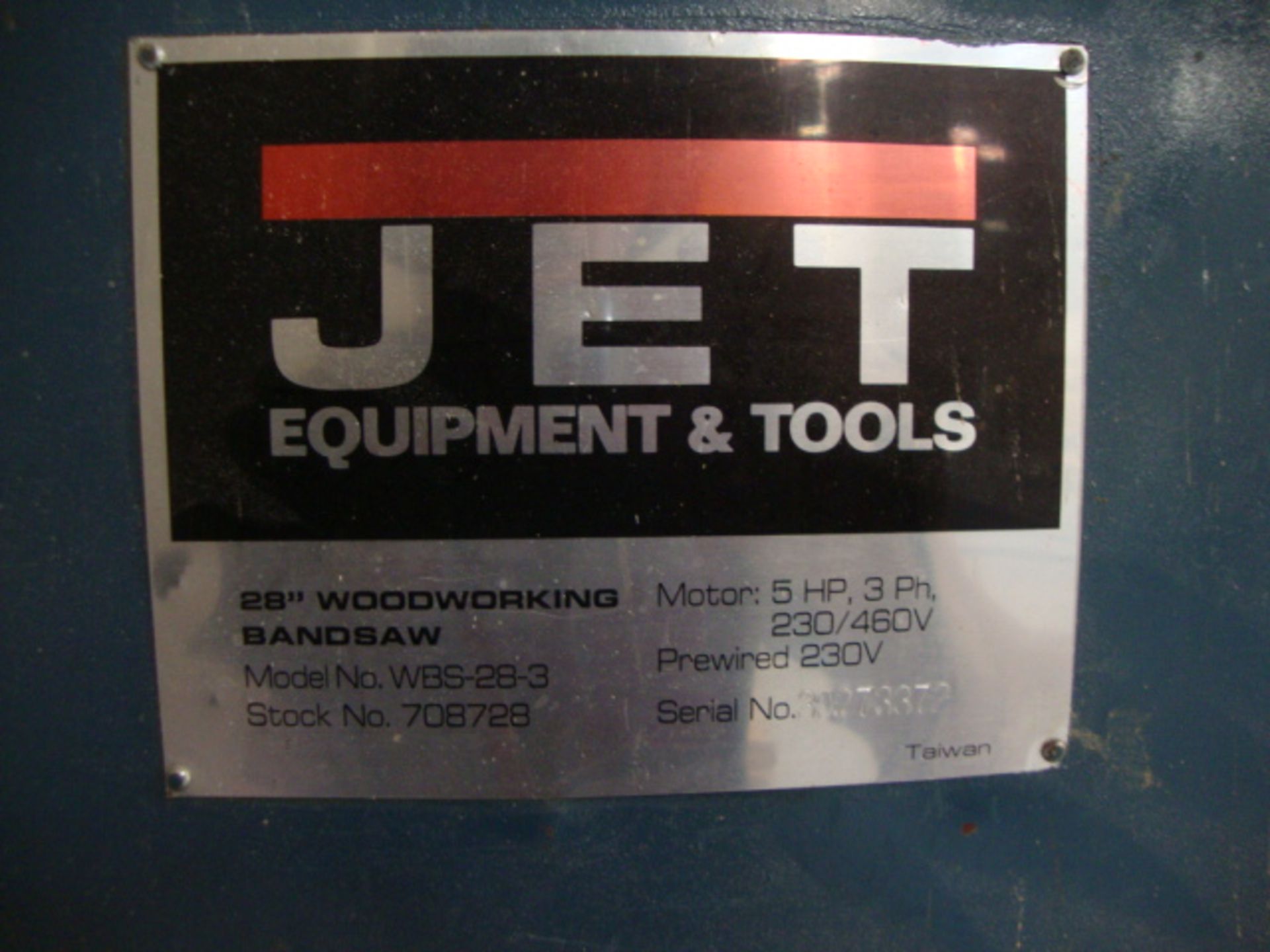 JET 28" WOOD WORKING BAND SAW, 5HP MDL. WBS-28-3 SN. 30273372 - Image 3 of 3