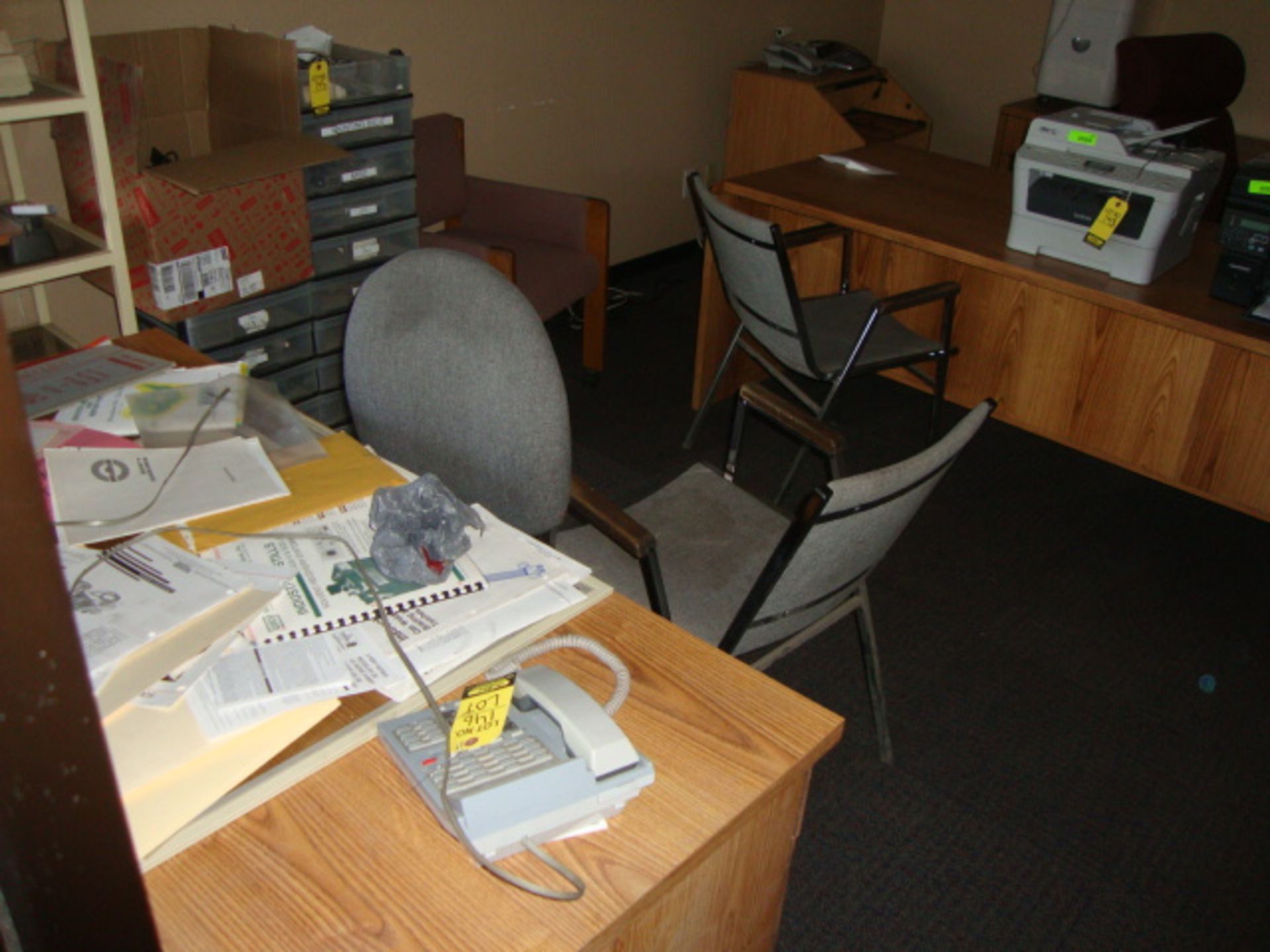 LOT DESK CHAIR, CALCULATOR, PHONE IN ROOM