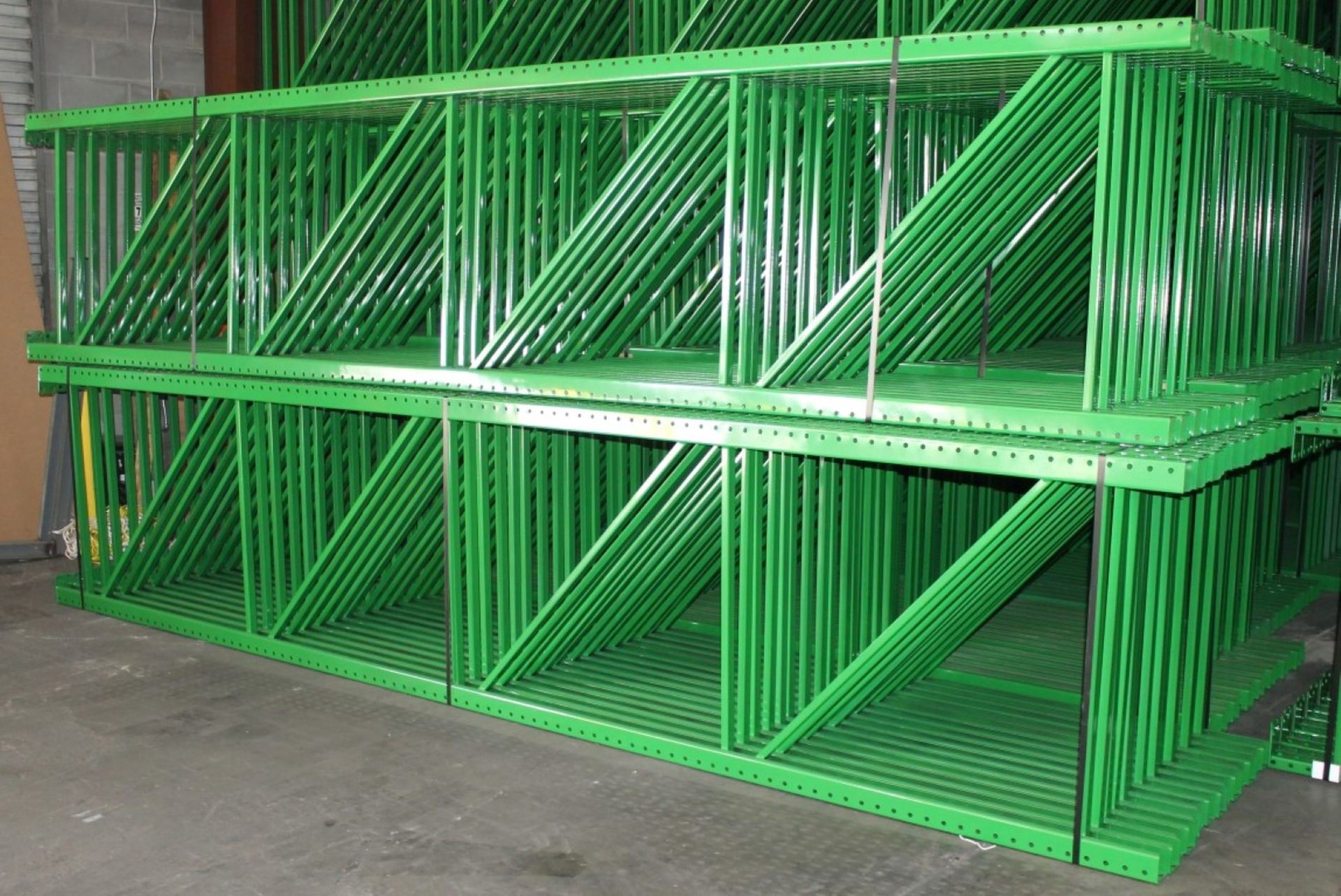 LIKE NEW TEAR DROP STYLE PALLET RACK WITH WIRE DECKING.  SIZE: 16'H X 8'W X 42"D, 3" X 3" POST. - Image 4 of 7