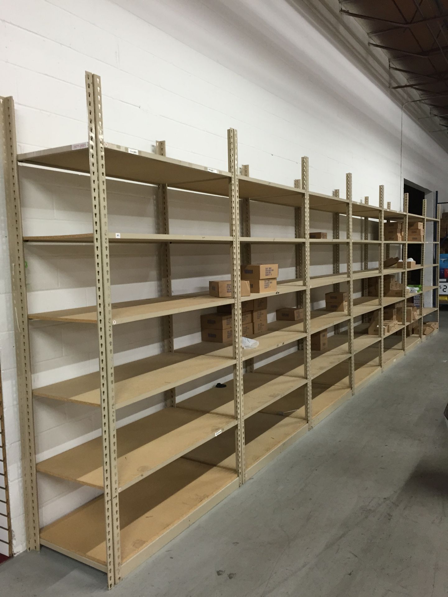 10 SECTIONS OF RIVETIER INDUSTRIAL SHELVING,  EACH SIZE 28"D X 65"W X 84"H, COLOR: MANILA, 5 SHELVES