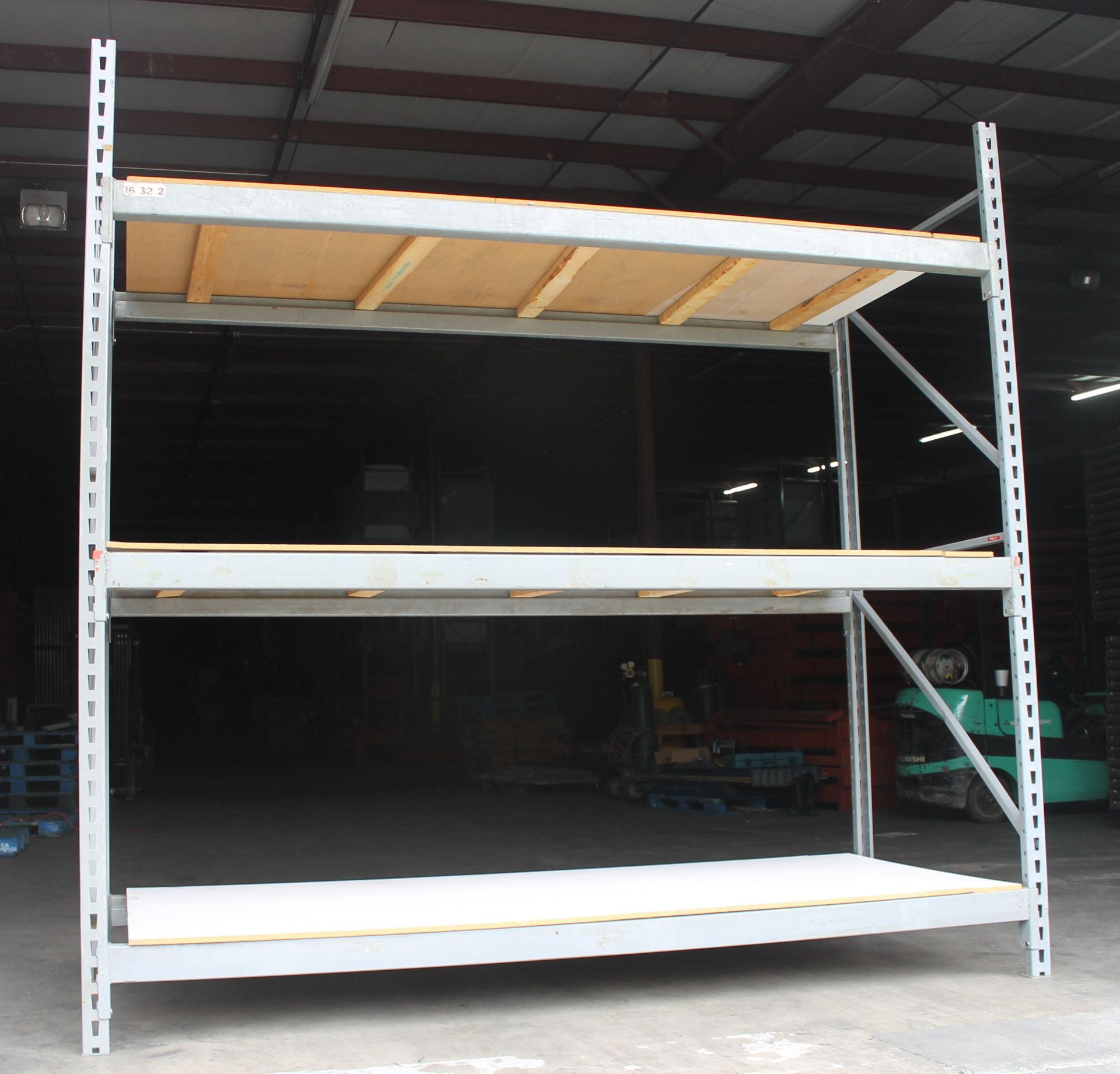 14 BAYS OF 120"H X 48"D X 117"L INDUSTRIAL SHELVING WITH LAMINATED WOOD DECKING,