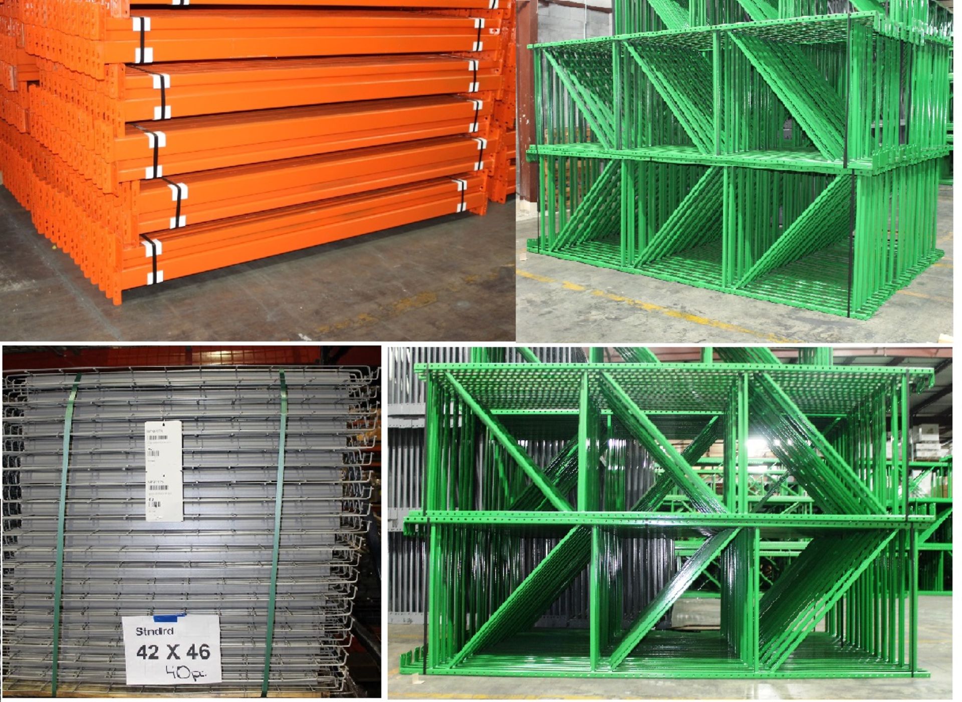 LIKE NEW TEAR DROP STYLE PALLET RACK WITH WIRE DECKING. SIZE:  144"H X 96"L X 42"D, FULL TRUCK LOAD