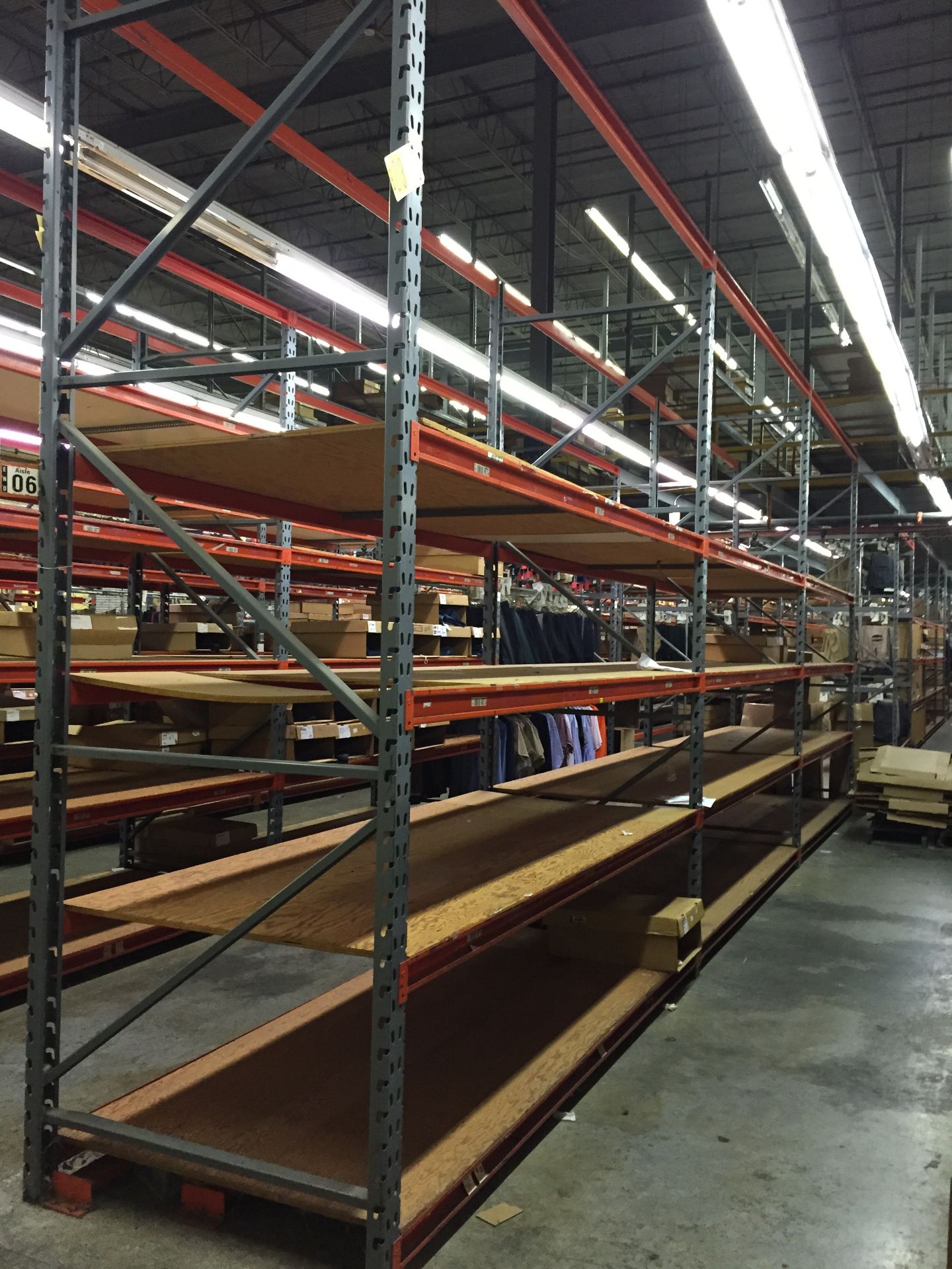 Truck load of Used wide span racking with Plywood Decking, size: 144"H X 48"D X 116"L, 55 Sections.