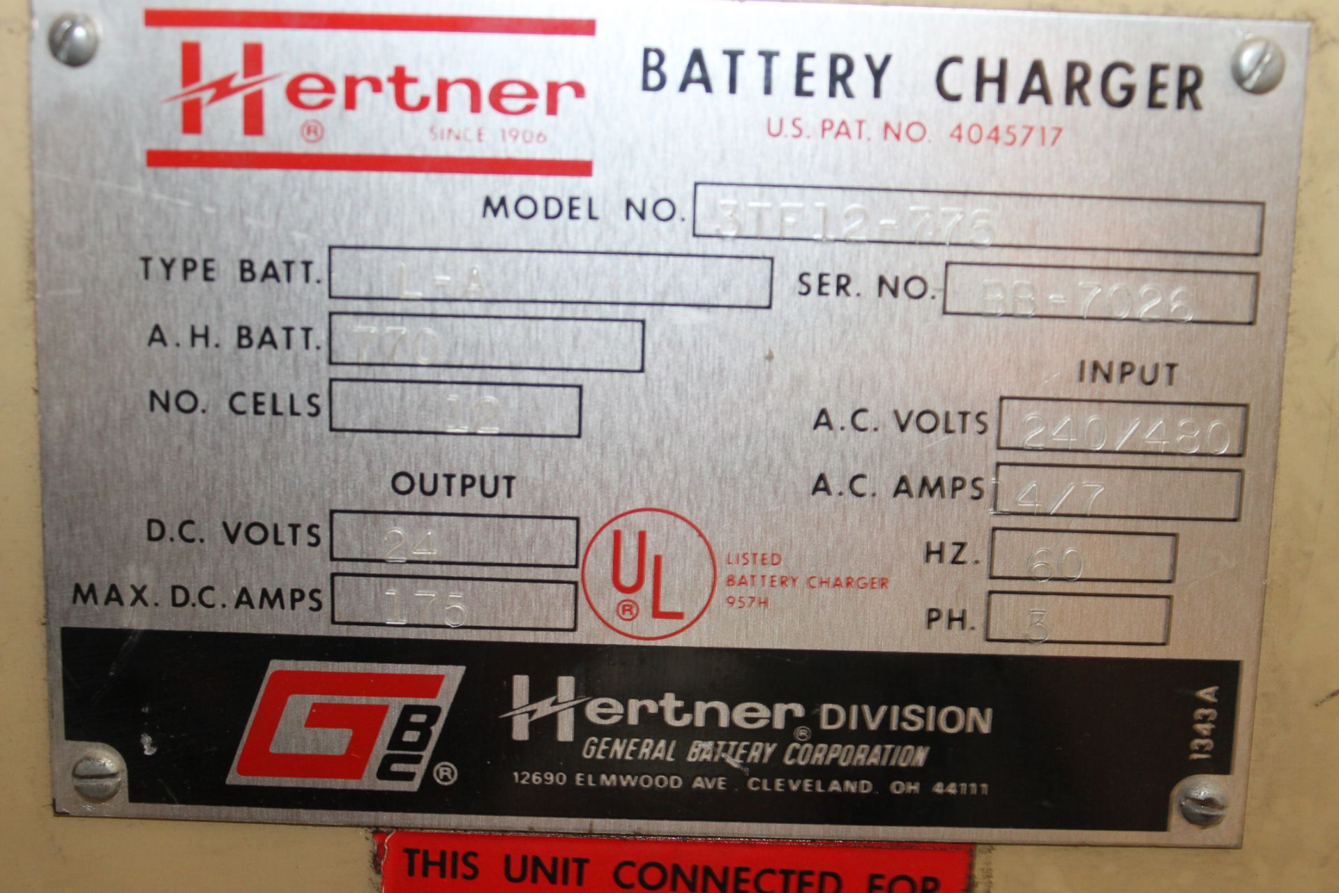 HERTNER 24 VOLTS ELECTRIC FORKLIFT BATTERY CHARGER - Image 3 of 4