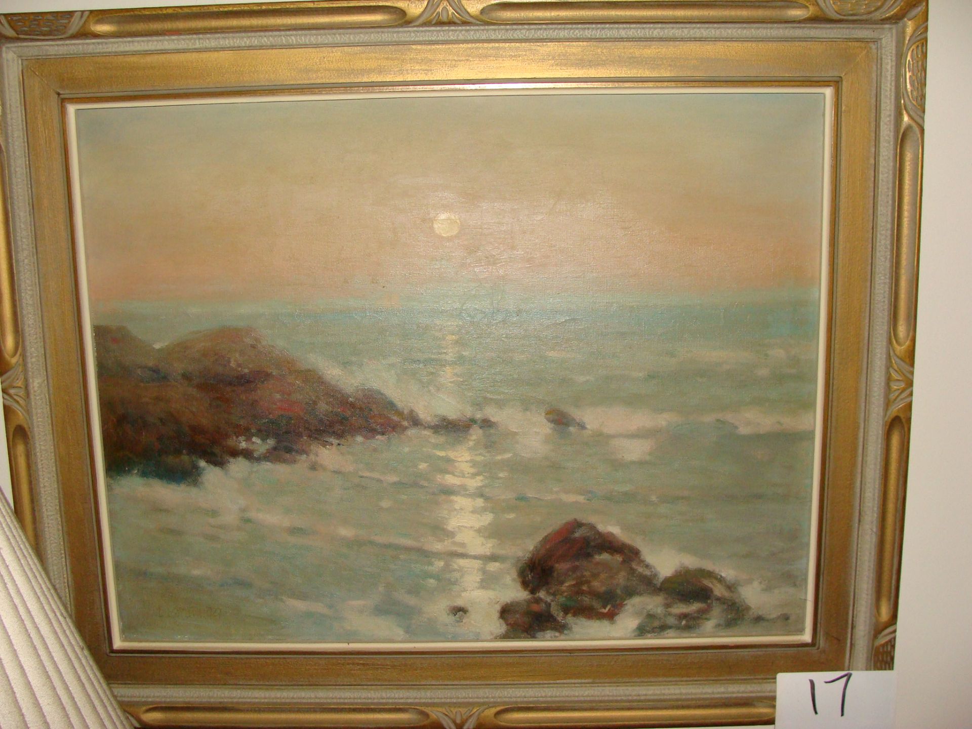 Oil on Canvas depicting Sunset Coastal Scene Artist Signed Indistinctly, 19x25in.