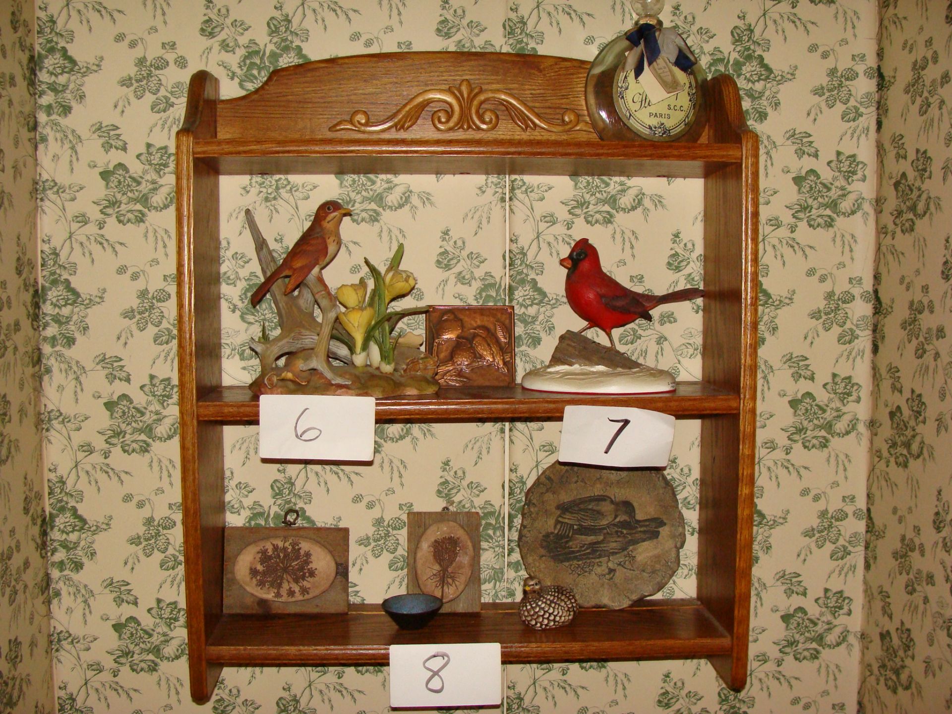 Three Tiered Oak Wall Shelf with Contents