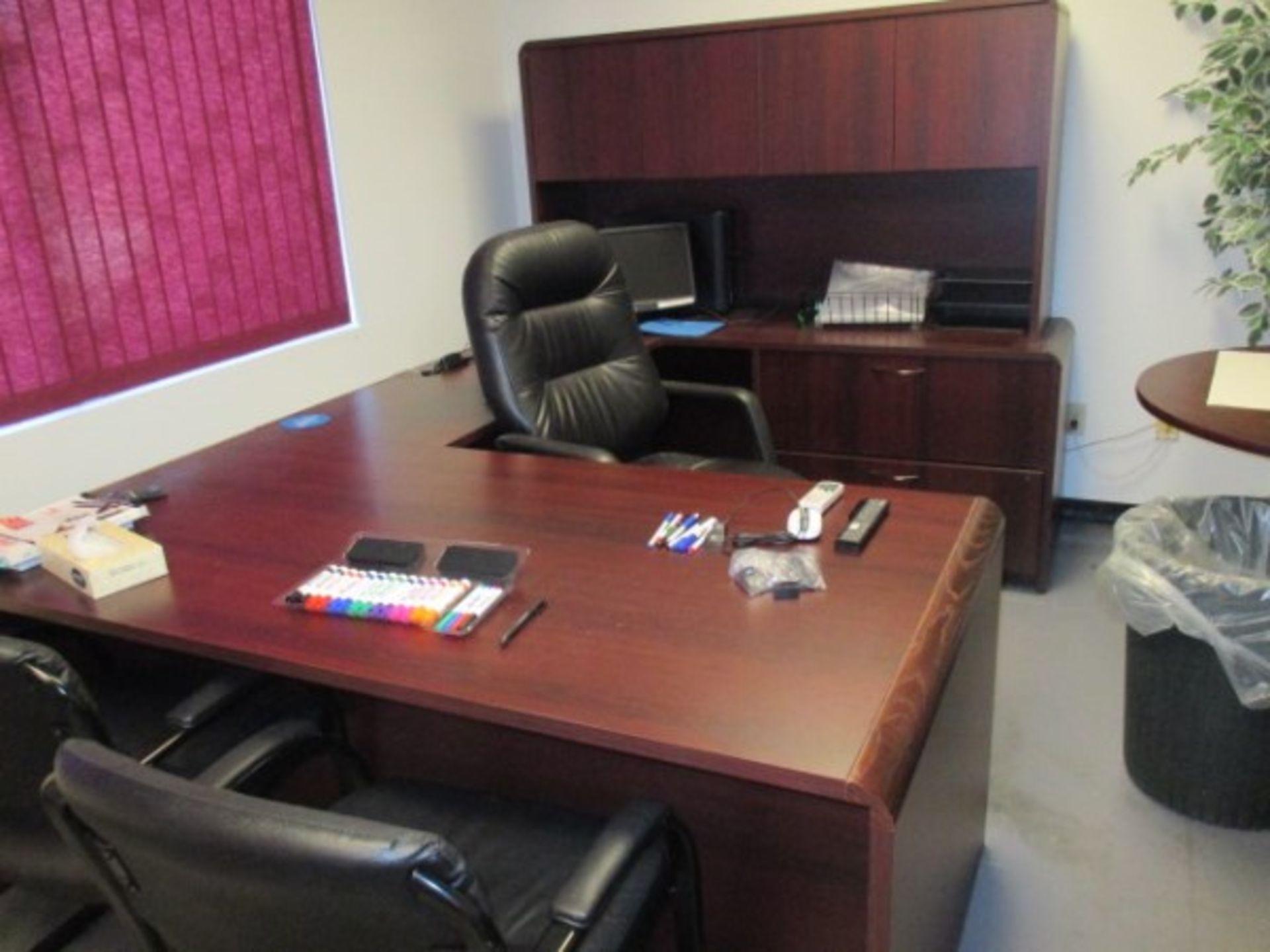 OFFICE COMPLETE W/DESK FILING CABINET, ROUND TABLE, CHAIR, MONITOR, PLANT,