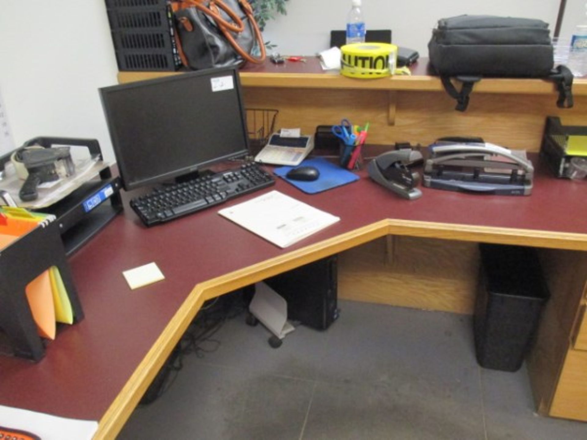 LOT OF MISC OFFICE EQUIPMENT INCL. KEYBOARD, MONITOR, FILING TRAYS,