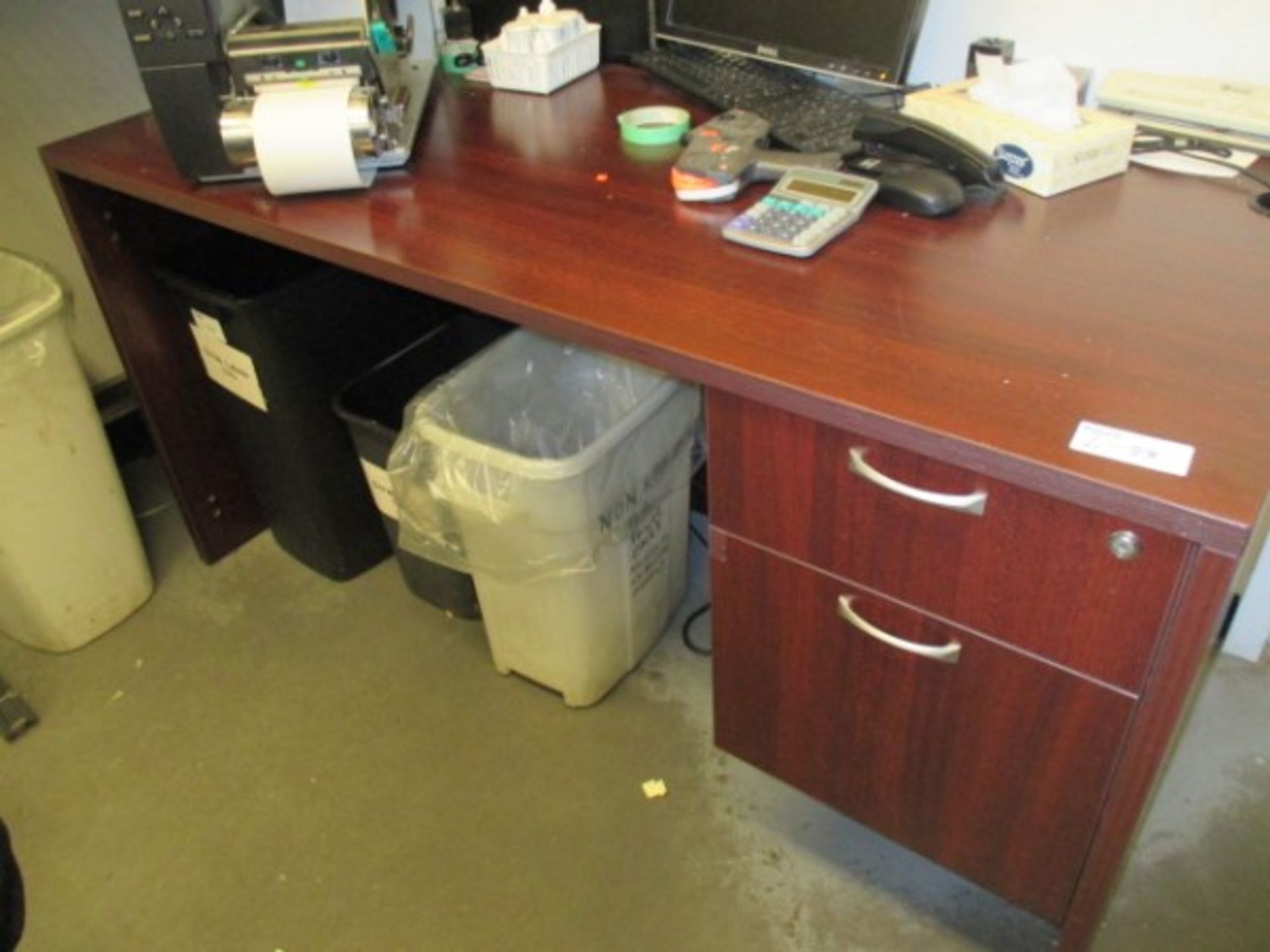 OFFICE DESK, CHAIR, MONITOR, KEYBOARD, CORK BOARD, 4 GARBAGE CANS & DESK CONTENT