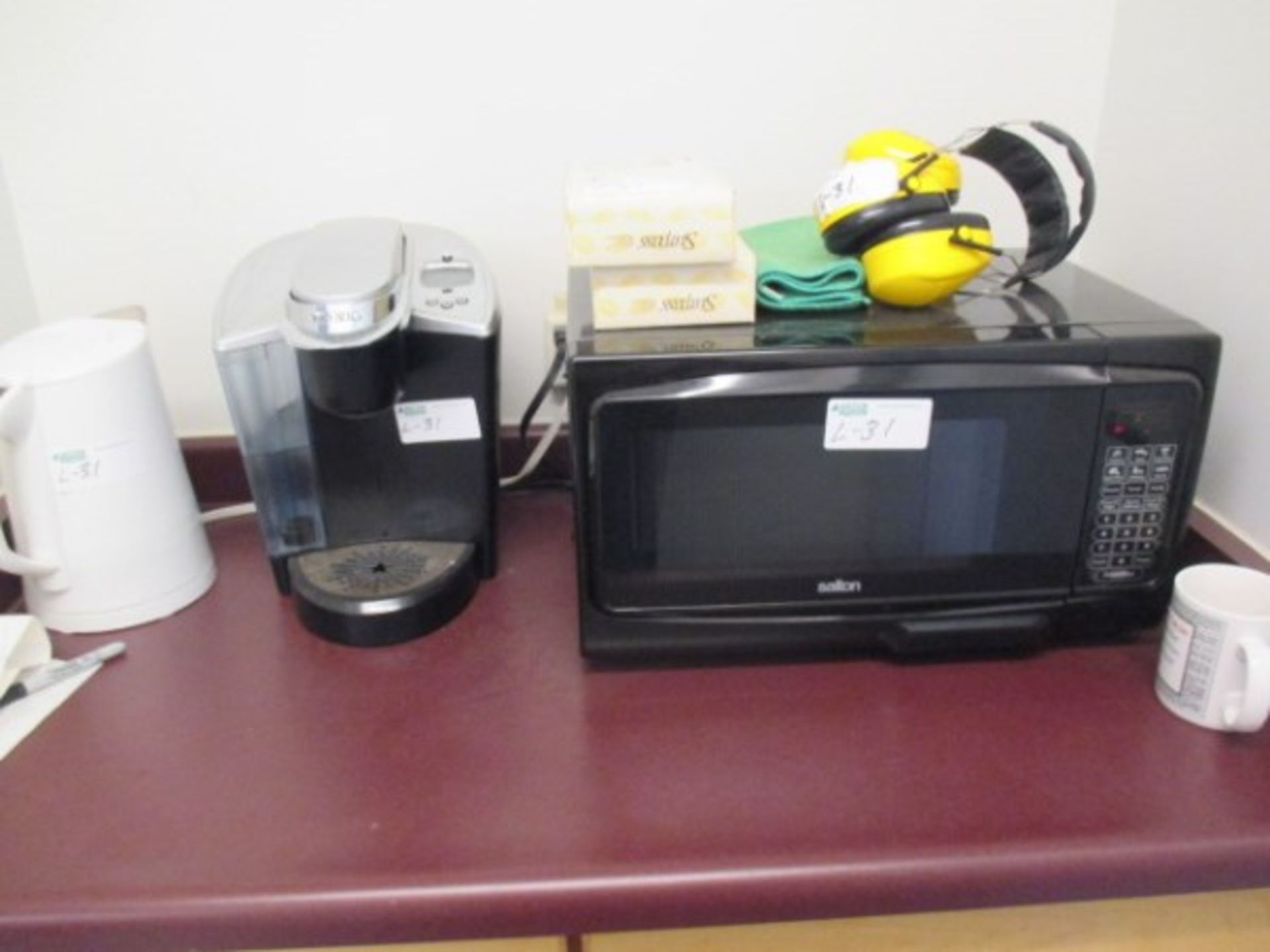 ELECTRIC KETTLE, KEURIG, MICROWAVE, EAR MUFFS & TISSUES