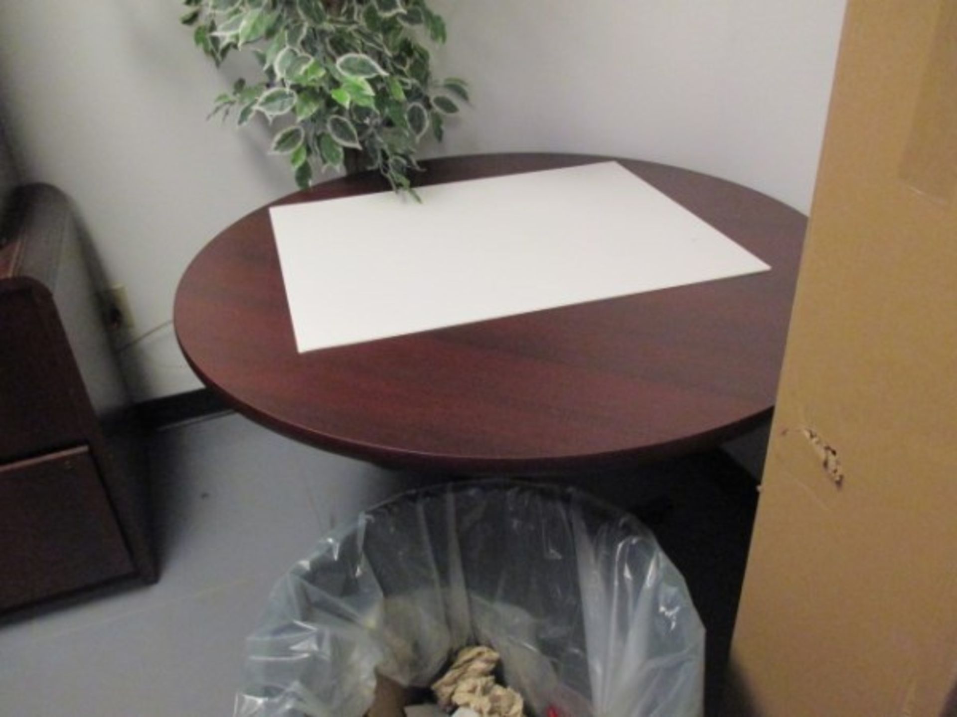 OFFICE COMPLETE W/DESK FILING CABINET, ROUND TABLE, CHAIR, MONITOR, PLANT, - Image 3 of 4