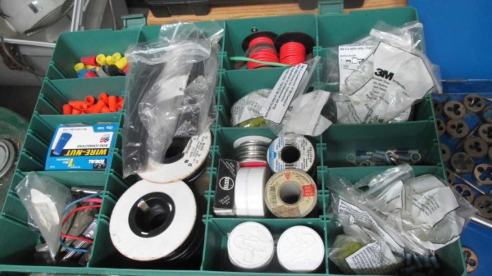 PARTS BIN & CONTENTS INCL. ELECTRICAL AND SOLDERING EQUIP