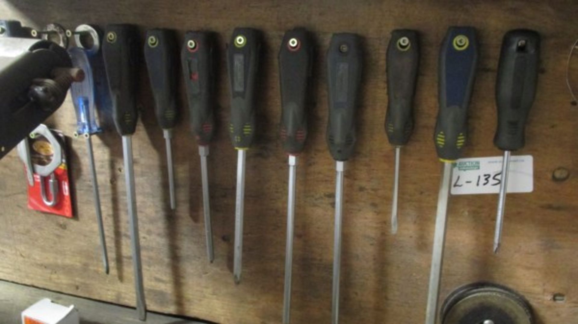 WALL HANGING LOT OF SCREWDRIVERS, WRENCHES, 2' SQUARE, VICE GRIPS ETC
