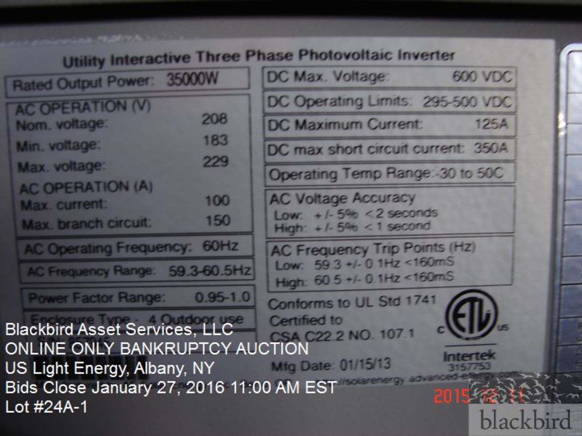 Advanced Energy 35k utility interactive three phase phtovoltaic inverter - Image 2 of 2