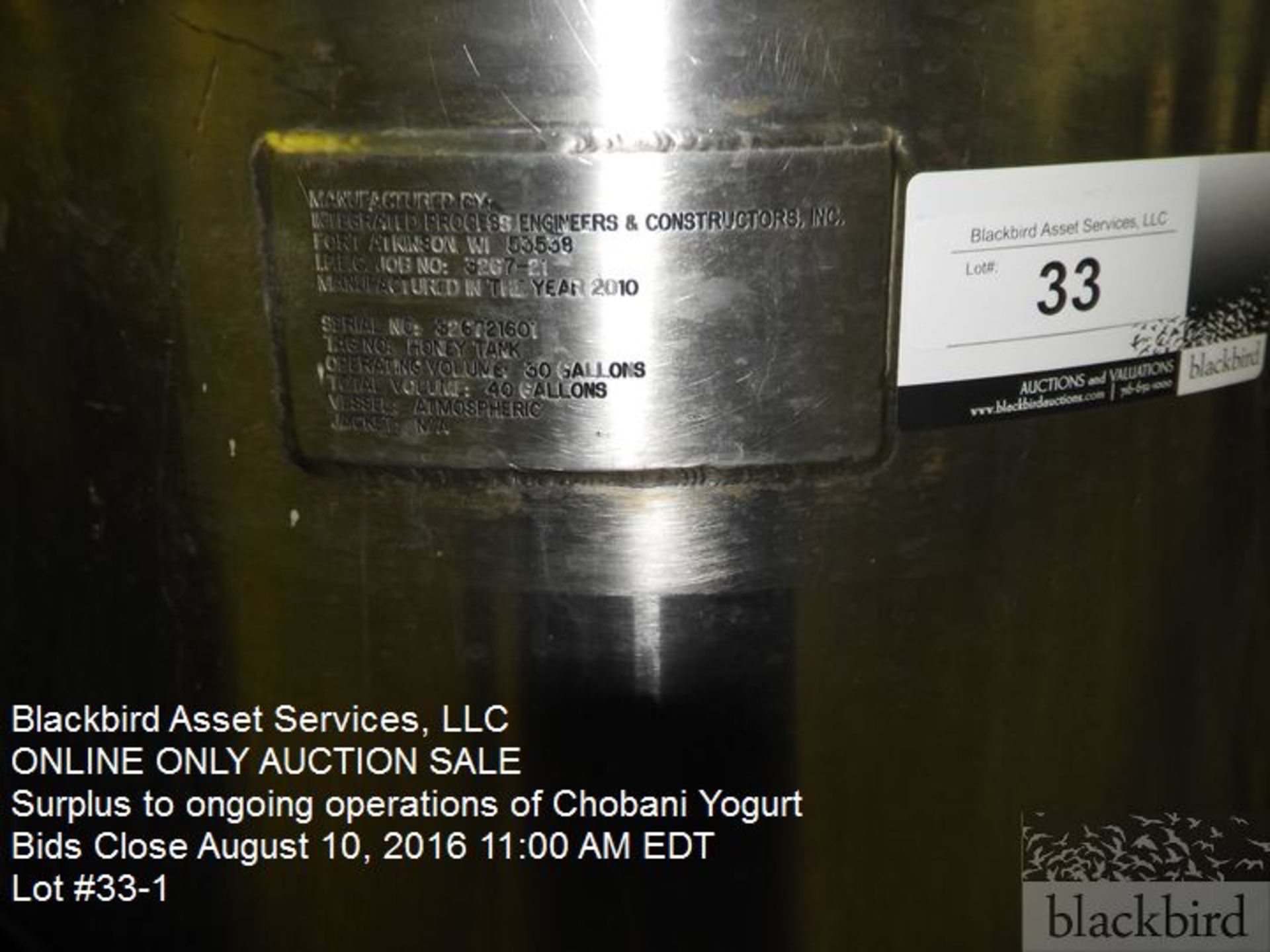 Integrated Process balance tank, stainless steel 40 gallon, "honey tank", s/n 326721601, 2010, non - Image 2 of 3