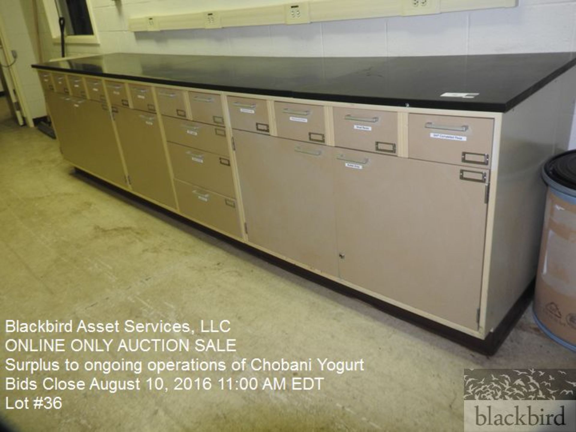 Work/storage station, steel cabinets with doors and drawers, solid surface top, 12' x 37" x 30",
