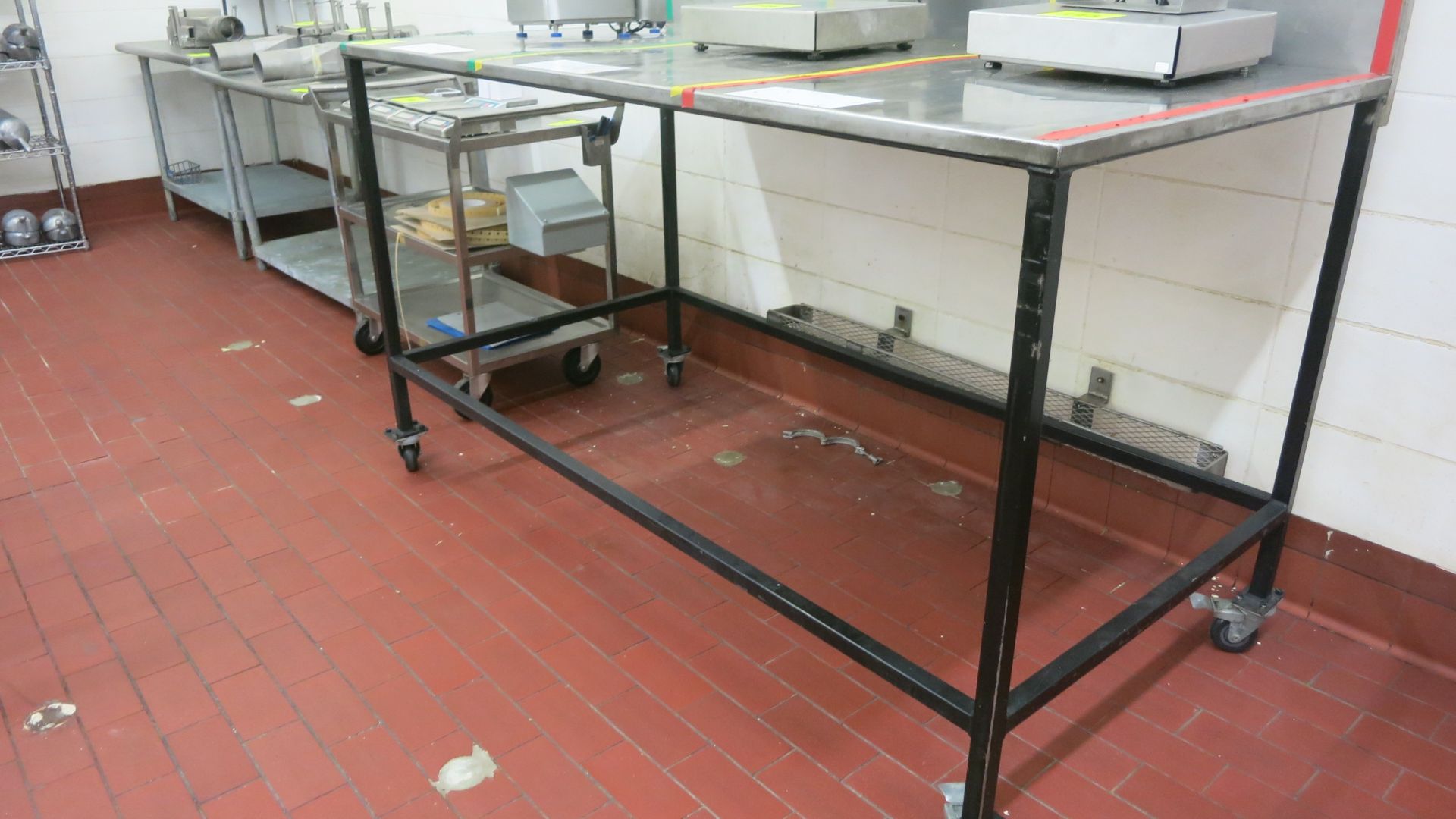 [Lot} Stainless tables & cart, (1) 33" x 20" 3-tier cart, (1) 6' x 3' x 3' stainless top table,