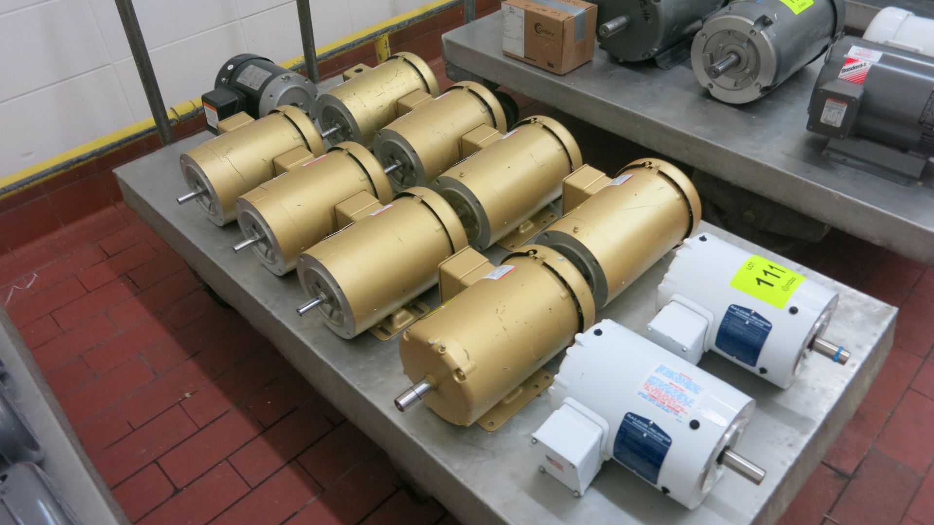 [Lot] (11) Motors, (1) 2 hp, (5) 1 hp, (1) .75 hp, (3) .5 hp (contents on cart, no cart)