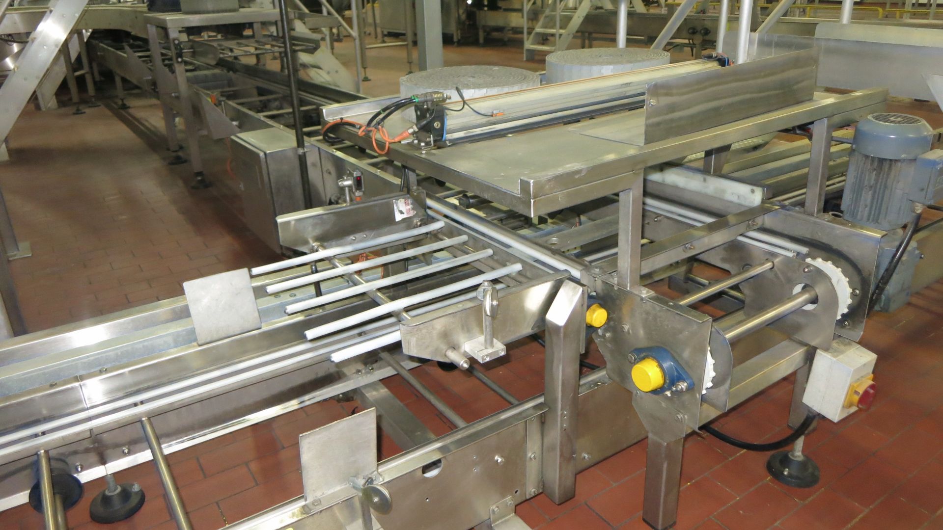 Full tray discharge conveyor, 30' long, 20" wide (belts removed) with drop down section, 1 hp drive