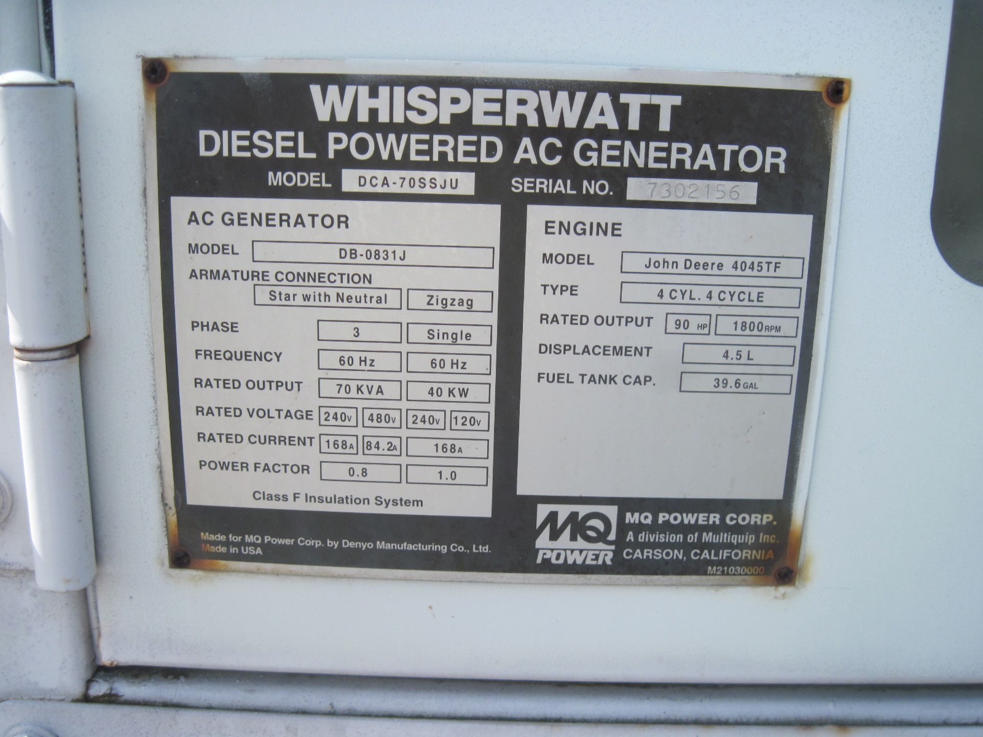 MultiQuip Generator, Model DCA-70SSJU, trailer mounted, Denyo AC generator, Model DB-0831J, S/N - Bild 4 aus 4