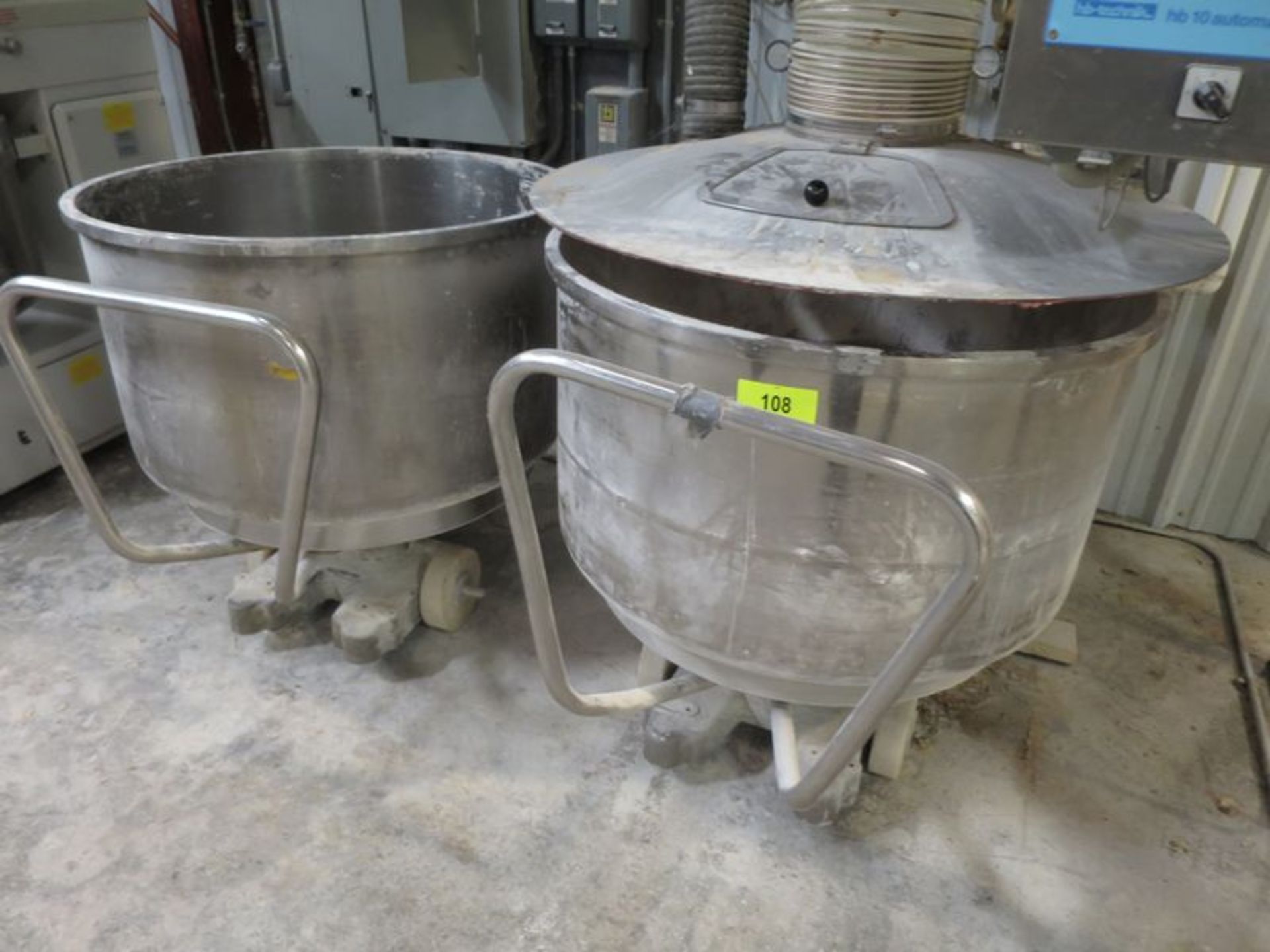 Lot of (2) Stainless spiral mixer bowls, , 37" dia x 22" deep mix chamber, with 3 wheel bases
