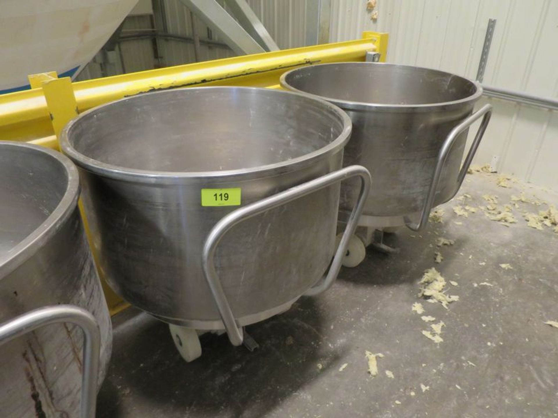 Lot of (2) Stainless spiral mixer bowls, , 37" dia x 22" deep mix chamber, with 3 wheel bases