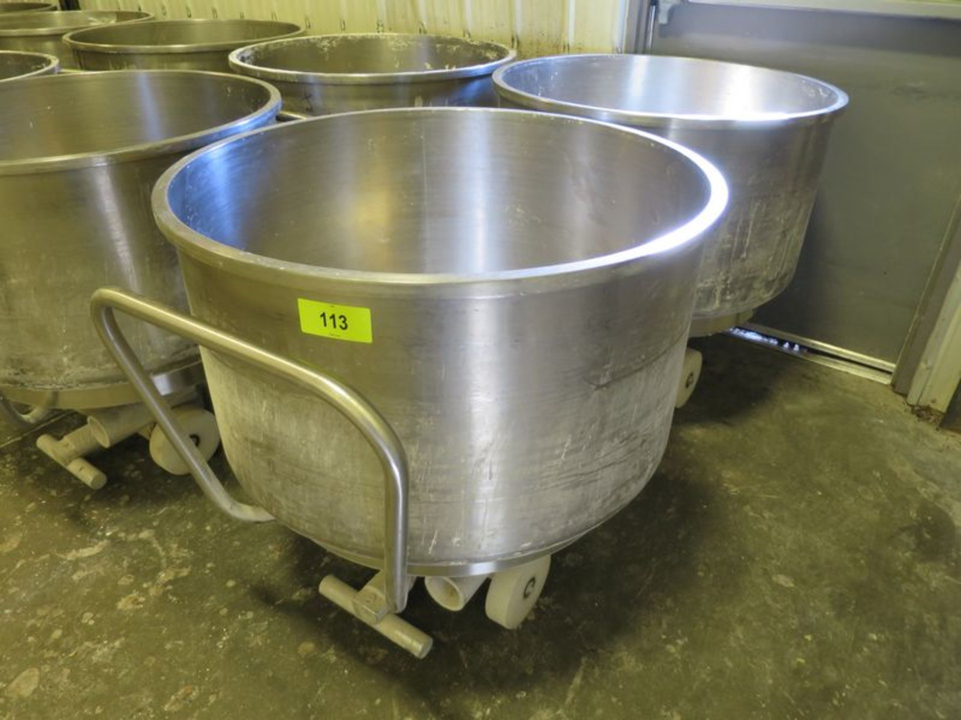 Lot of (2) Stainless spiral mixer bowls, , 37" dia x 22" deep mix chamber, with 3 wheel bases