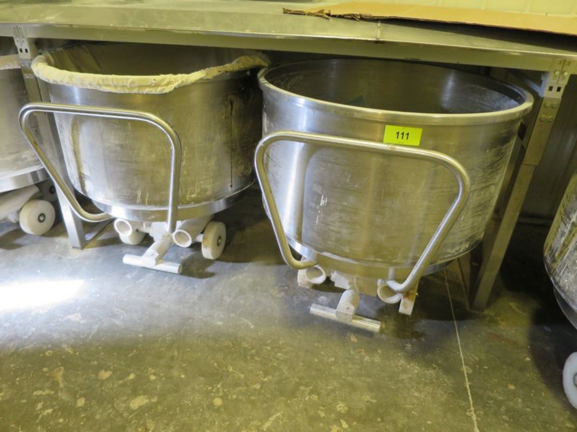 Lot of (2) Stainless spiral mixer bowls, , 37" dia x 22" deep mix chamber, with 3 wheel bases