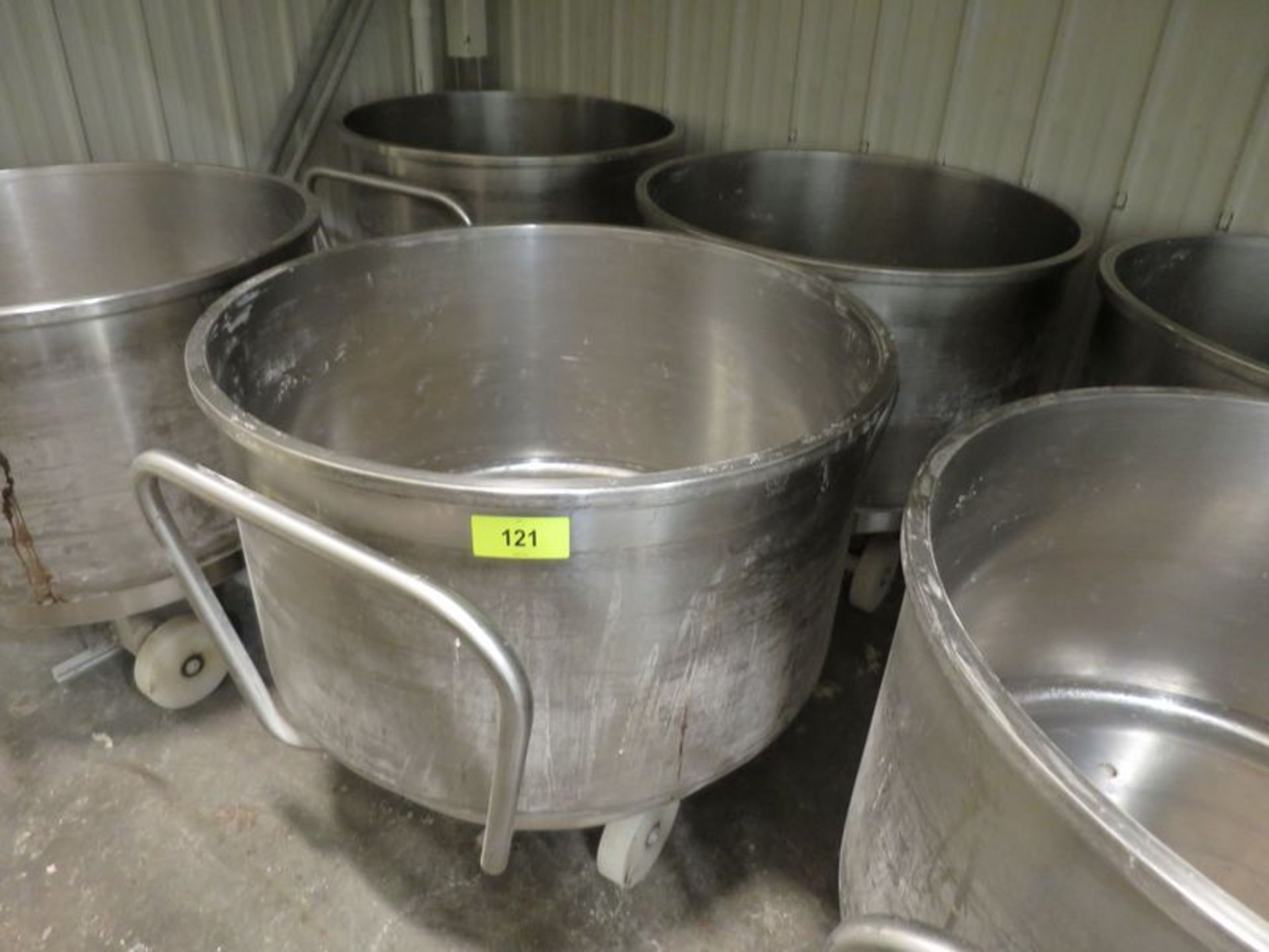 Lot of (2) Stainless spiral mixer bowls, , 37" dia x 22" deep mix chamber, with 3 wheel bases