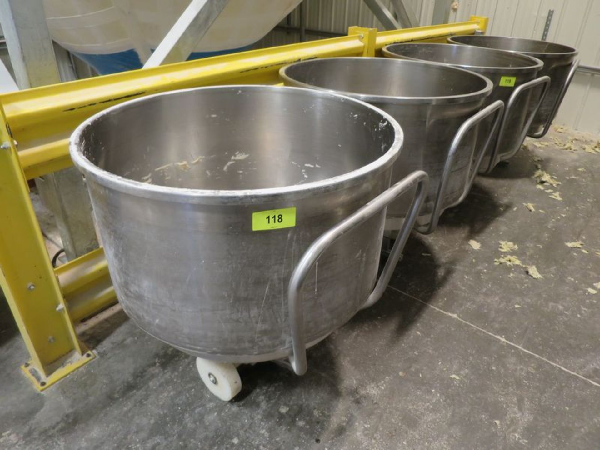 Lot of (2) Stainless spiral mixer bowls, , 37" dia x 22" deep mix chamber, with 3 wheel bases