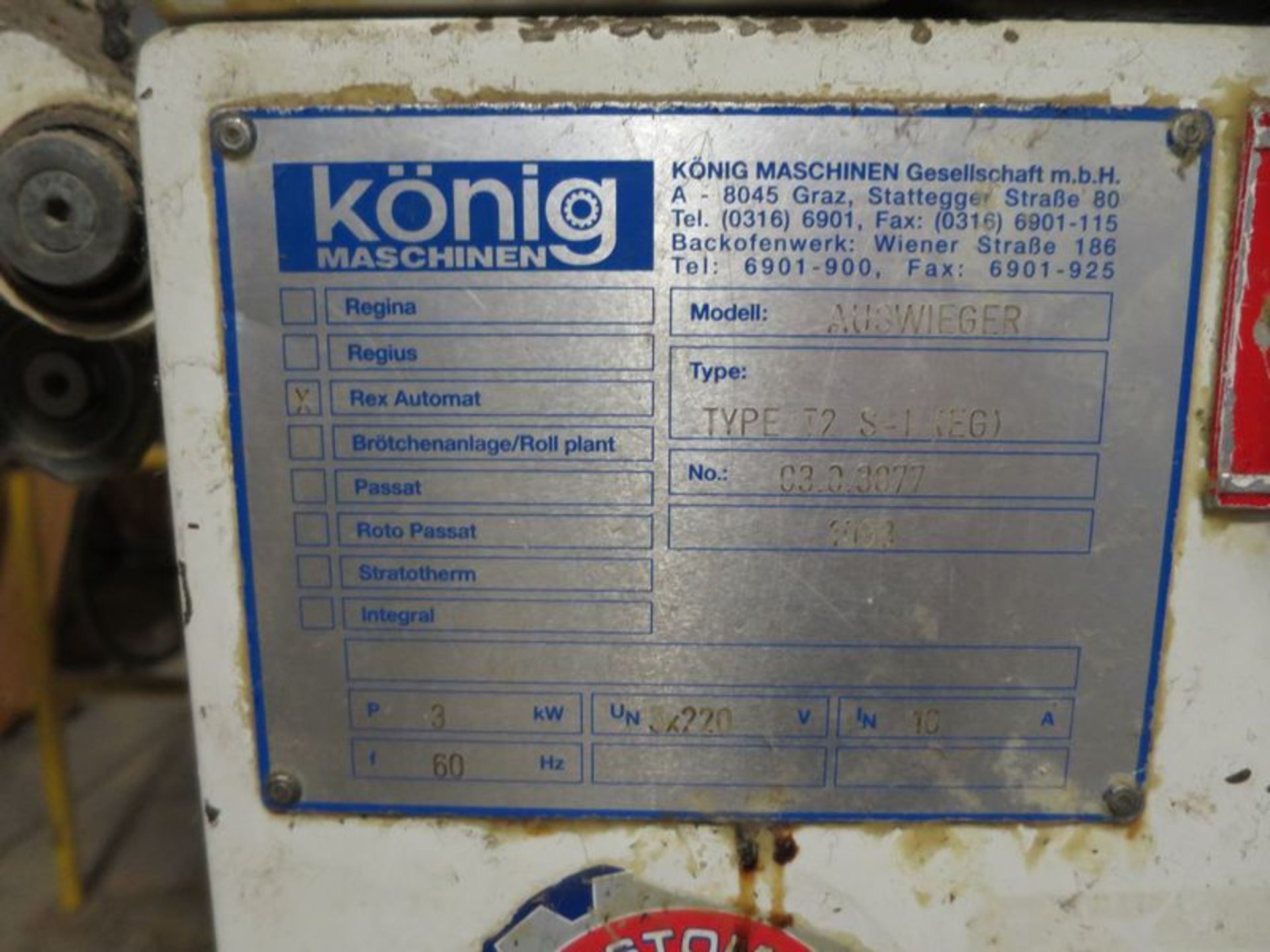 Konig Rex Automat dough divider, model Auswieger, type T2-S1 (EG), Sn: 03.0.3877, mfg 1998, and - Image 2 of 3