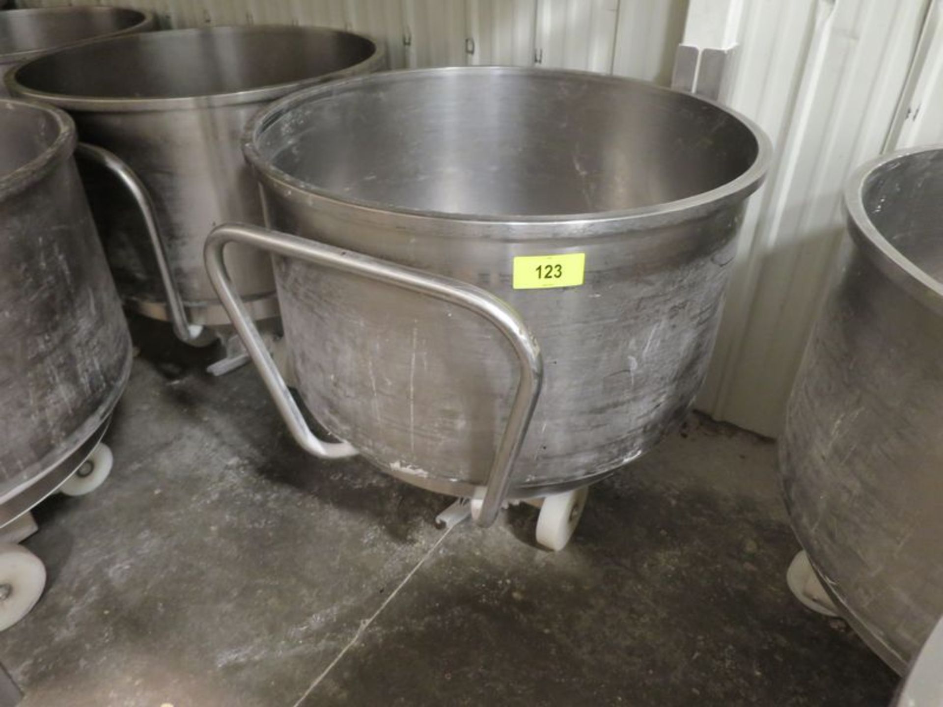 Lot of (2) Stainless spiral mixer bowls, , 37" dia x 22" deep mix chamber, with 3 wheel bases