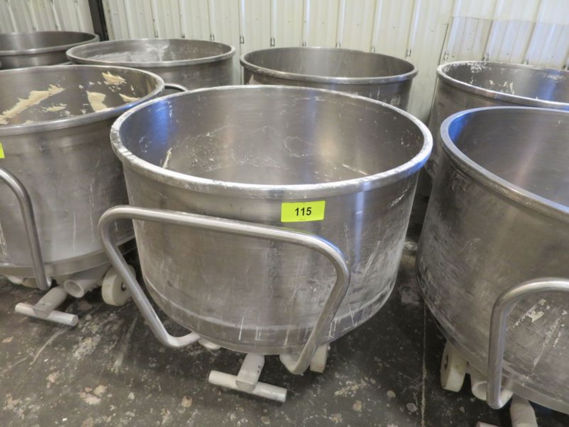 Lot of (2) Stainless spiral mixer bowls, , 37" dia x 22" deep mix chamber, with 3 wheel bases