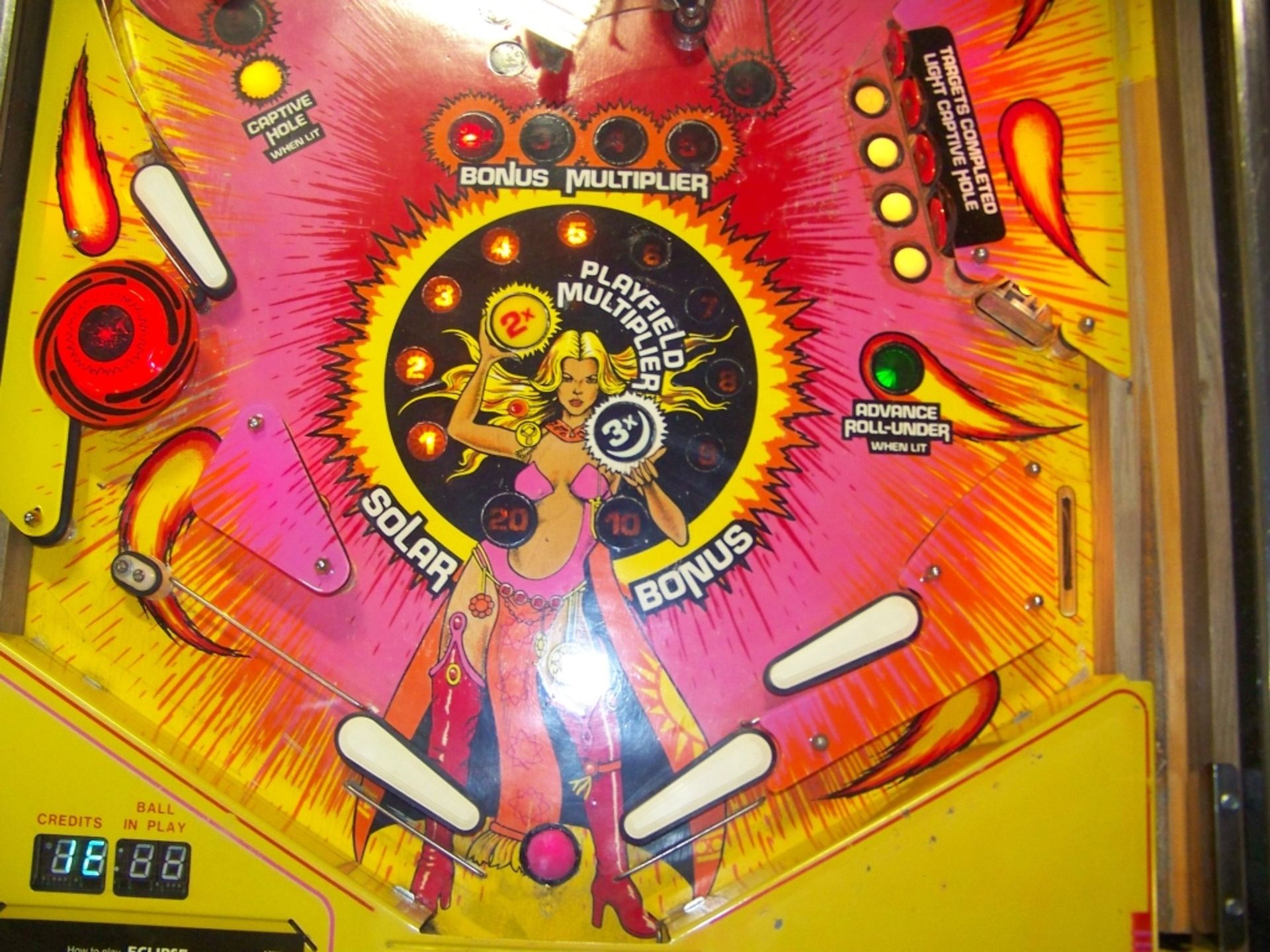 ECLIPSE PINBALL MACHINE RARE GOTTLIEB TITLE 1982 Item is in used condition. Evidence of wear and - Image 6 of 11