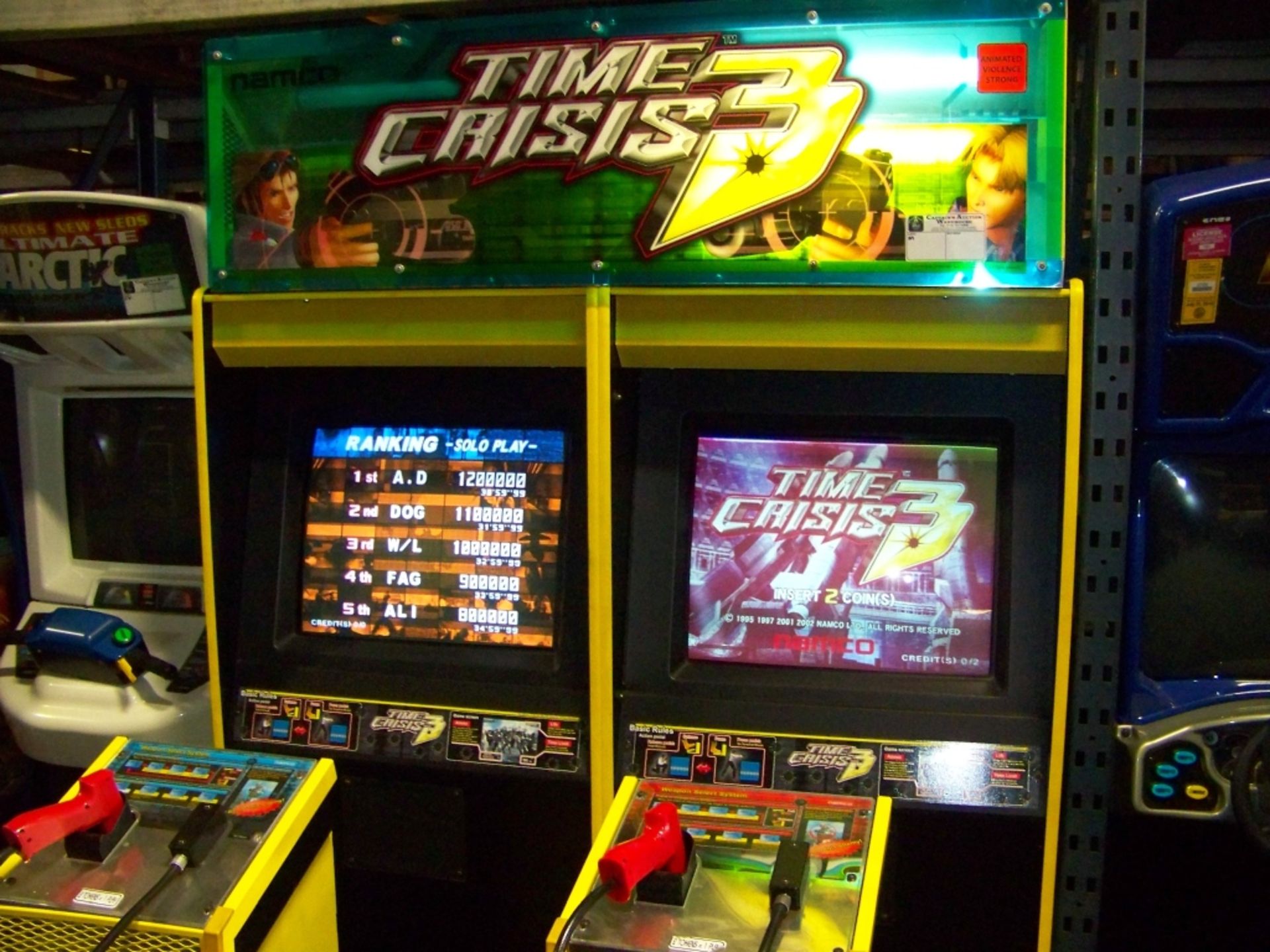 TIME CRISIS 3 TWIN SHOOTER ARCADE GAME NAMCO Item is in used condition. Evidence of wear and - Image 2 of 5